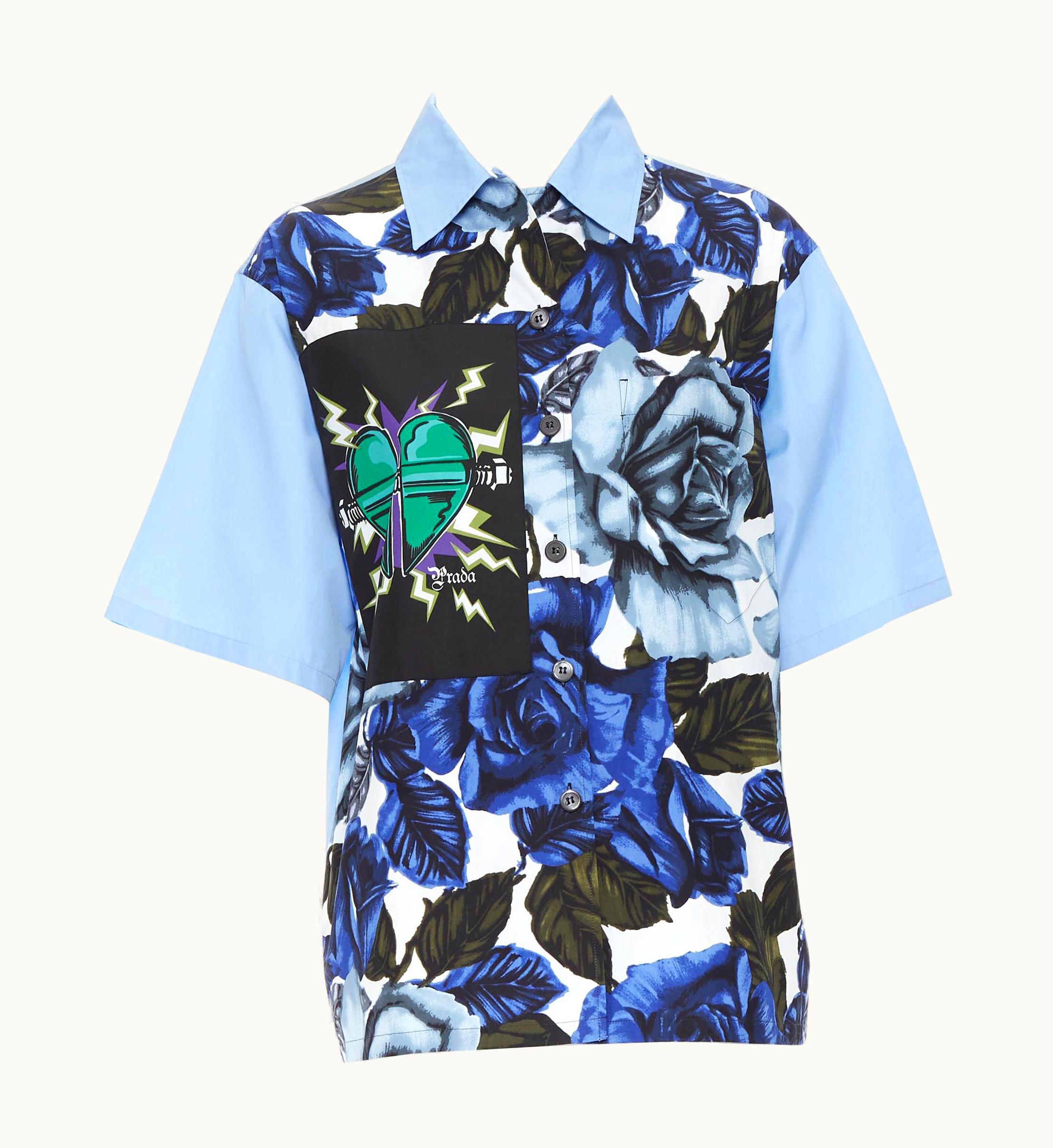 Prada Runway Prada 2019 Frankenstein Rose Print Micro Heart Patch Boxy Shirt