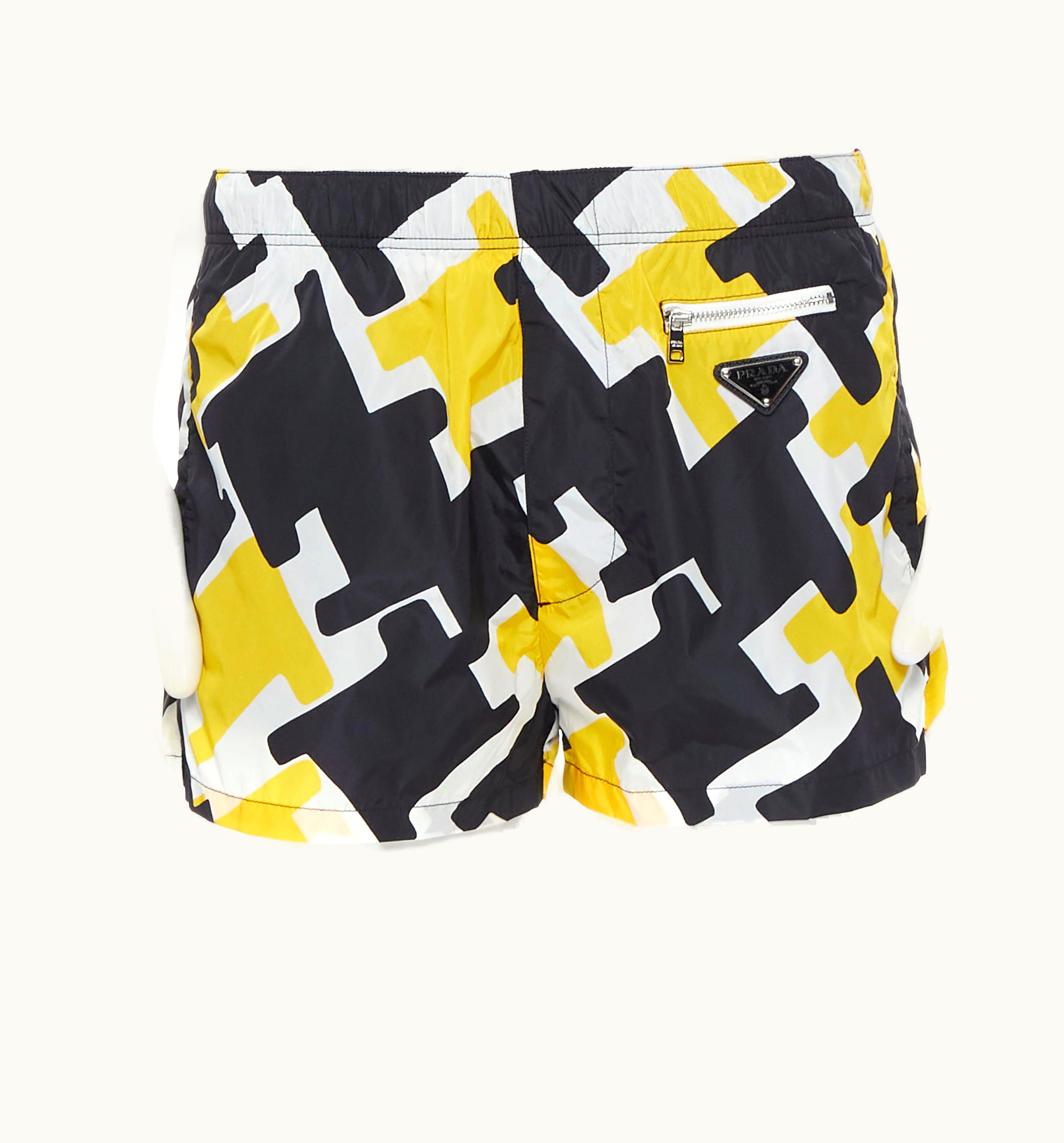 Prada Prada 2019 Black Yellow Geometric Nylon Print Triangle Logo Swim Shorts