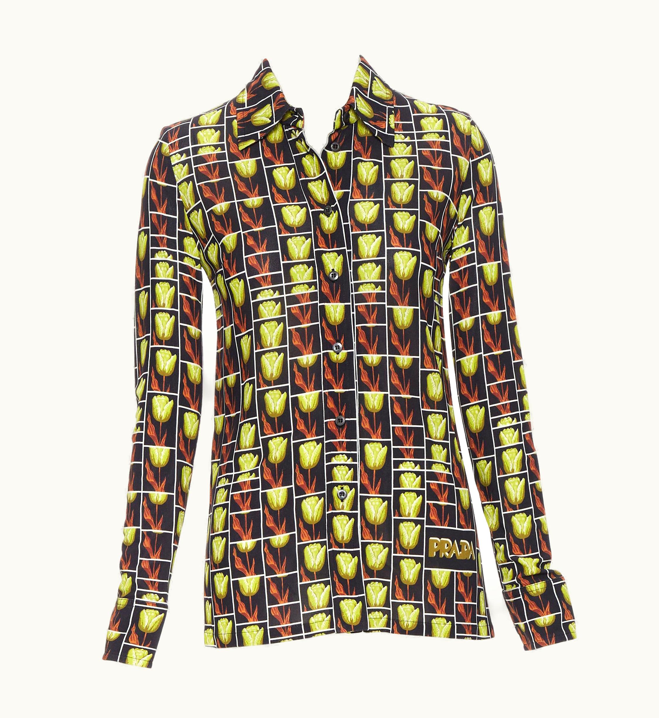 Prada Prada 2019 Black Yellow Tulip Floral Logo Print Long Sleeve Shirt