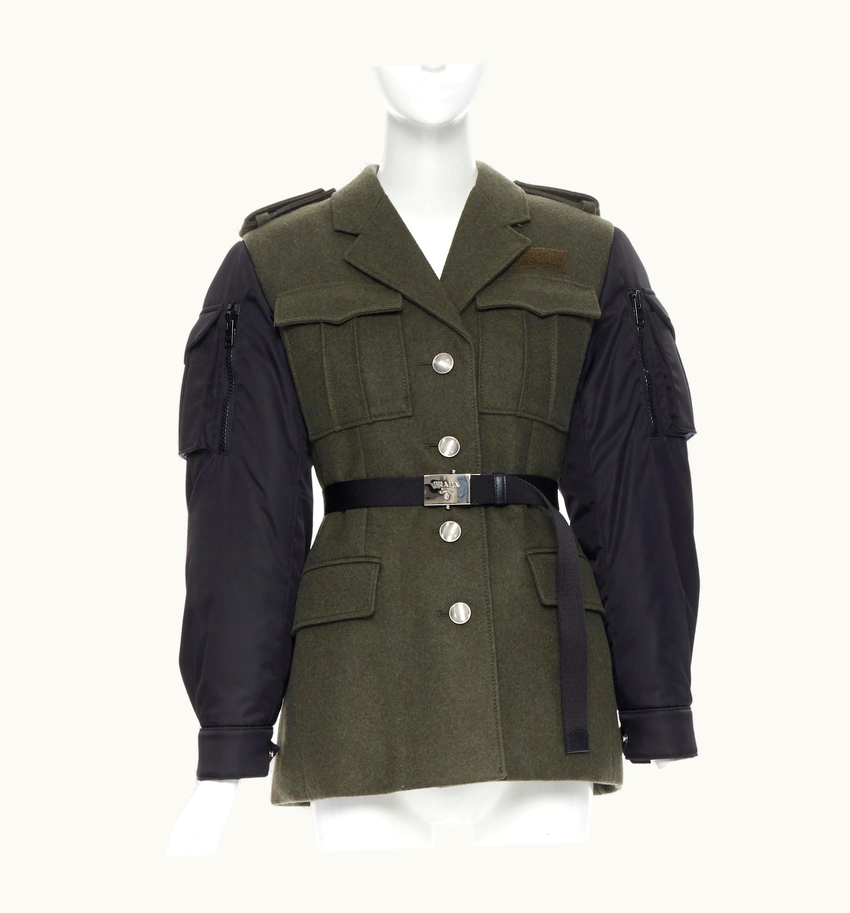 Prada Prada 2019 Runway Green Wool Military Padded Ma-1 Sleeve Belted Coat UZ0614204