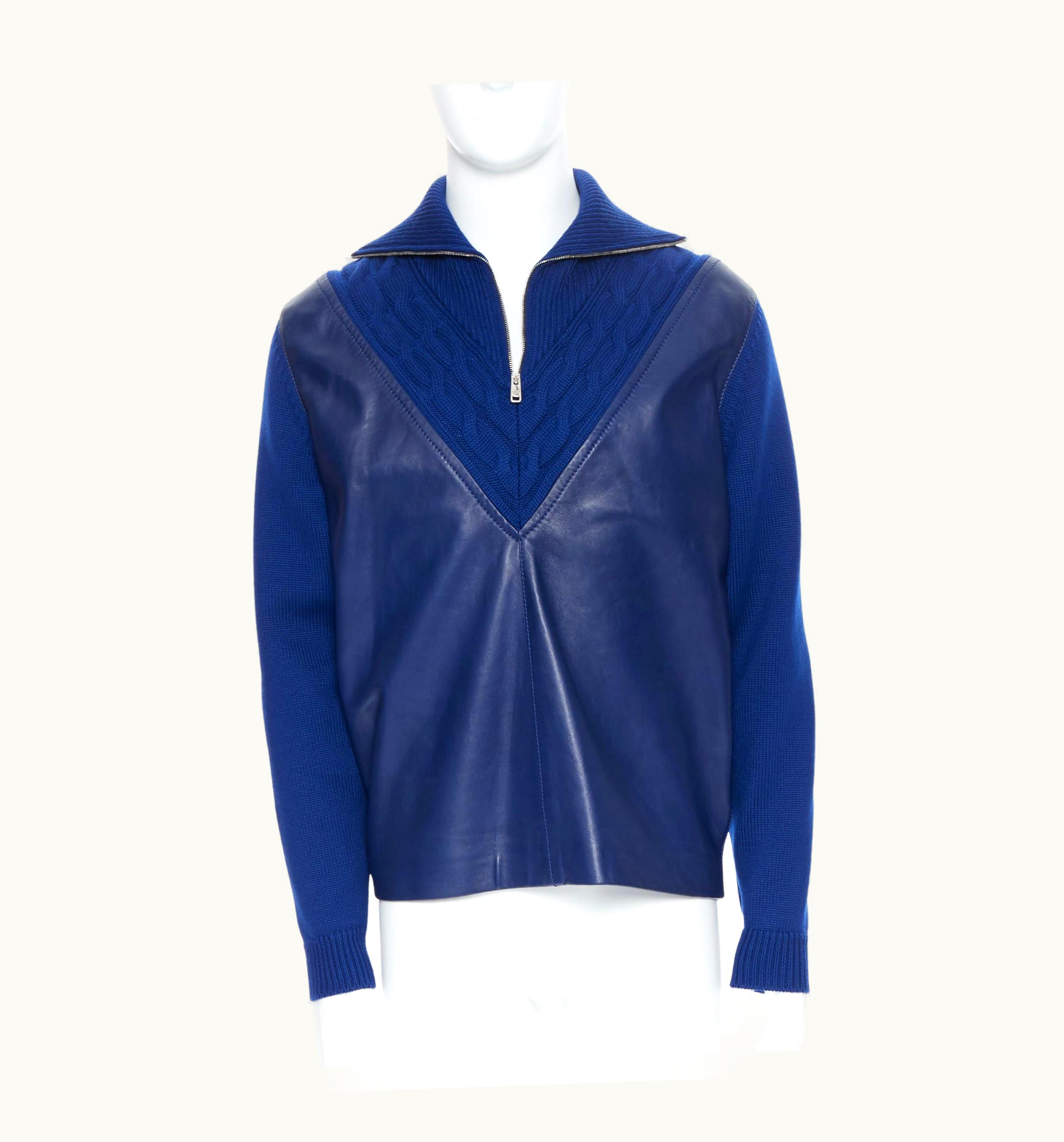 Prada Prada 2019 Blue Leather Panel Front Half Zip Cable Knit Varsity Sweater UZ0614205