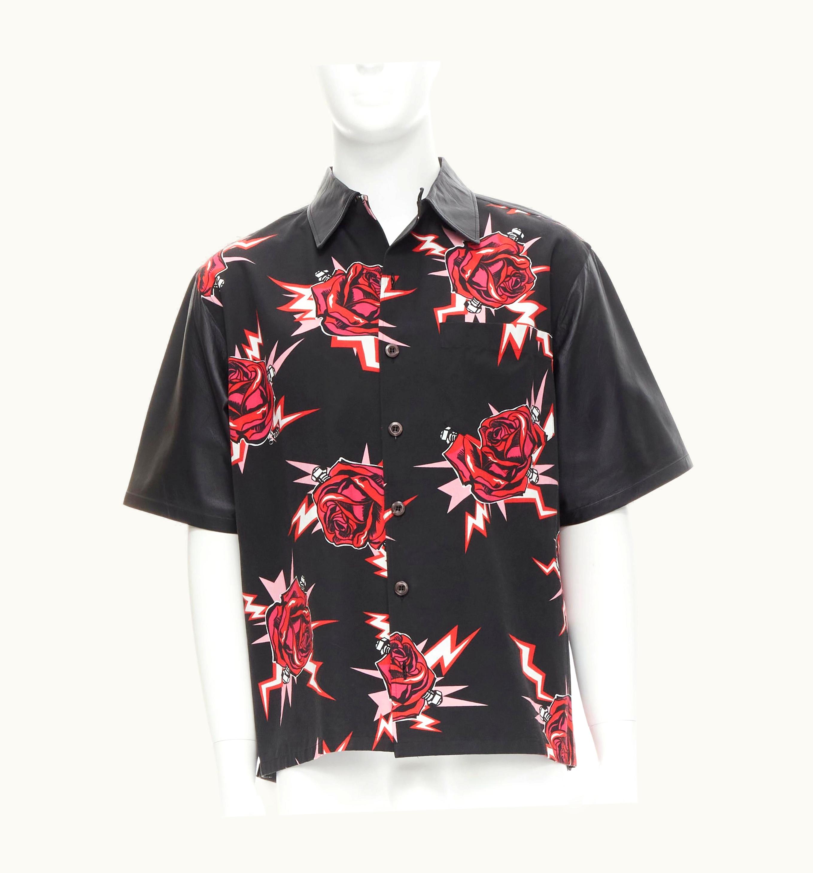 Prada Prada 2019 Runway Black Red Rose Bolt Cotton Leather Boxy Bowling Shirt