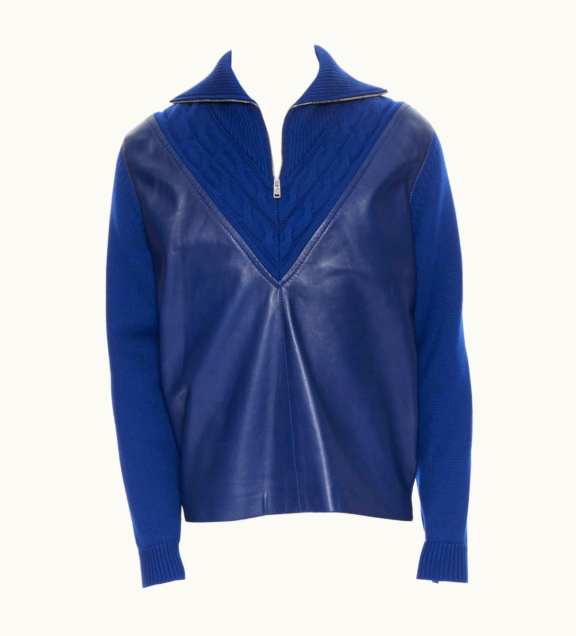 Prada Prada 2019 Blue Leather Panel Front Half Zip Cable Knit Varsity Sweater UZ0614207