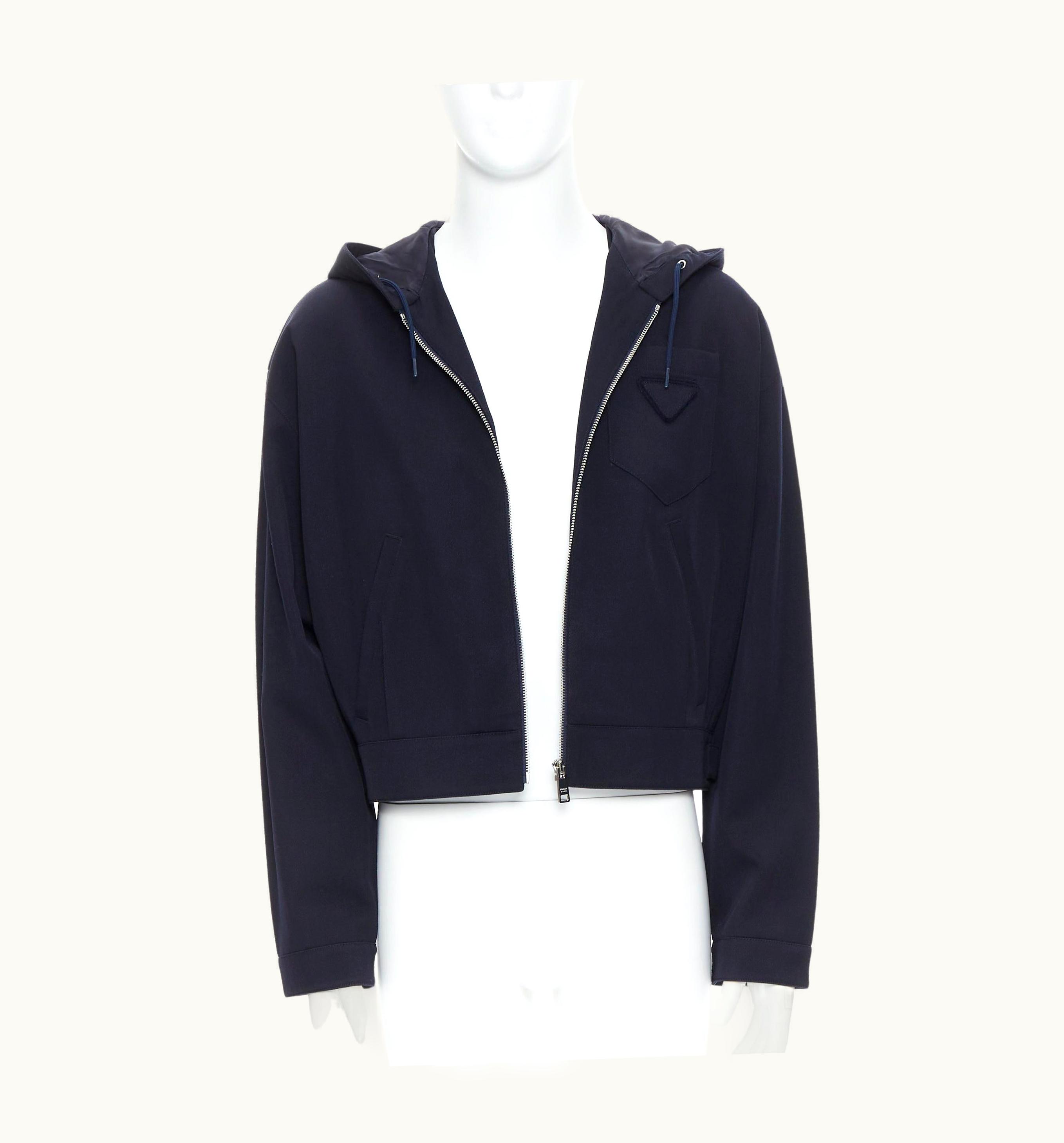 Prada Prada 2019 Navy Blue Wool Triangle Logo Pocket Cropped Zip Up Hoodie Jacket