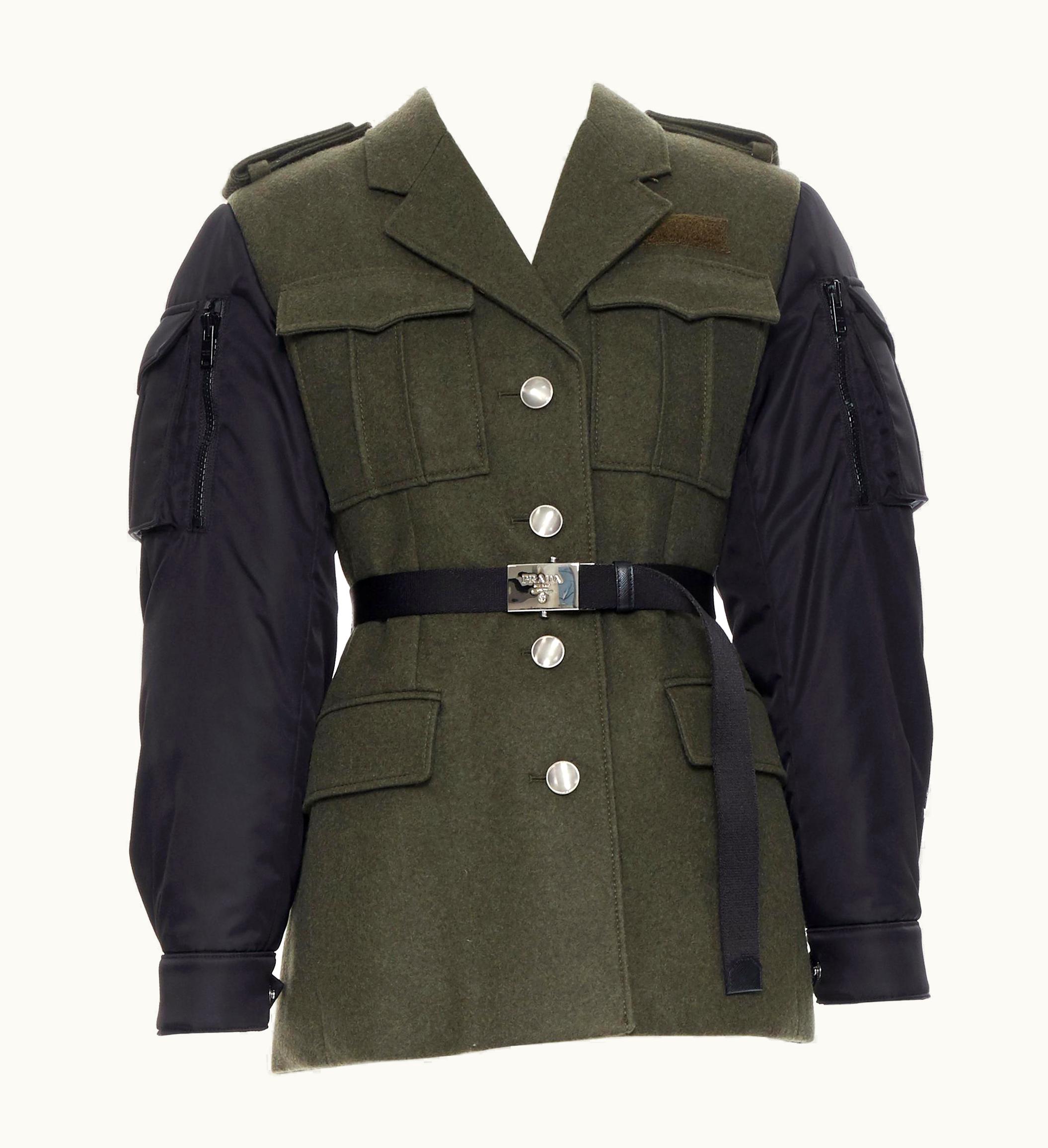 Prada Prada 2019 Runway Green Wool Military Padded Ma-1 Sleeve Belted Coat UZ0614209