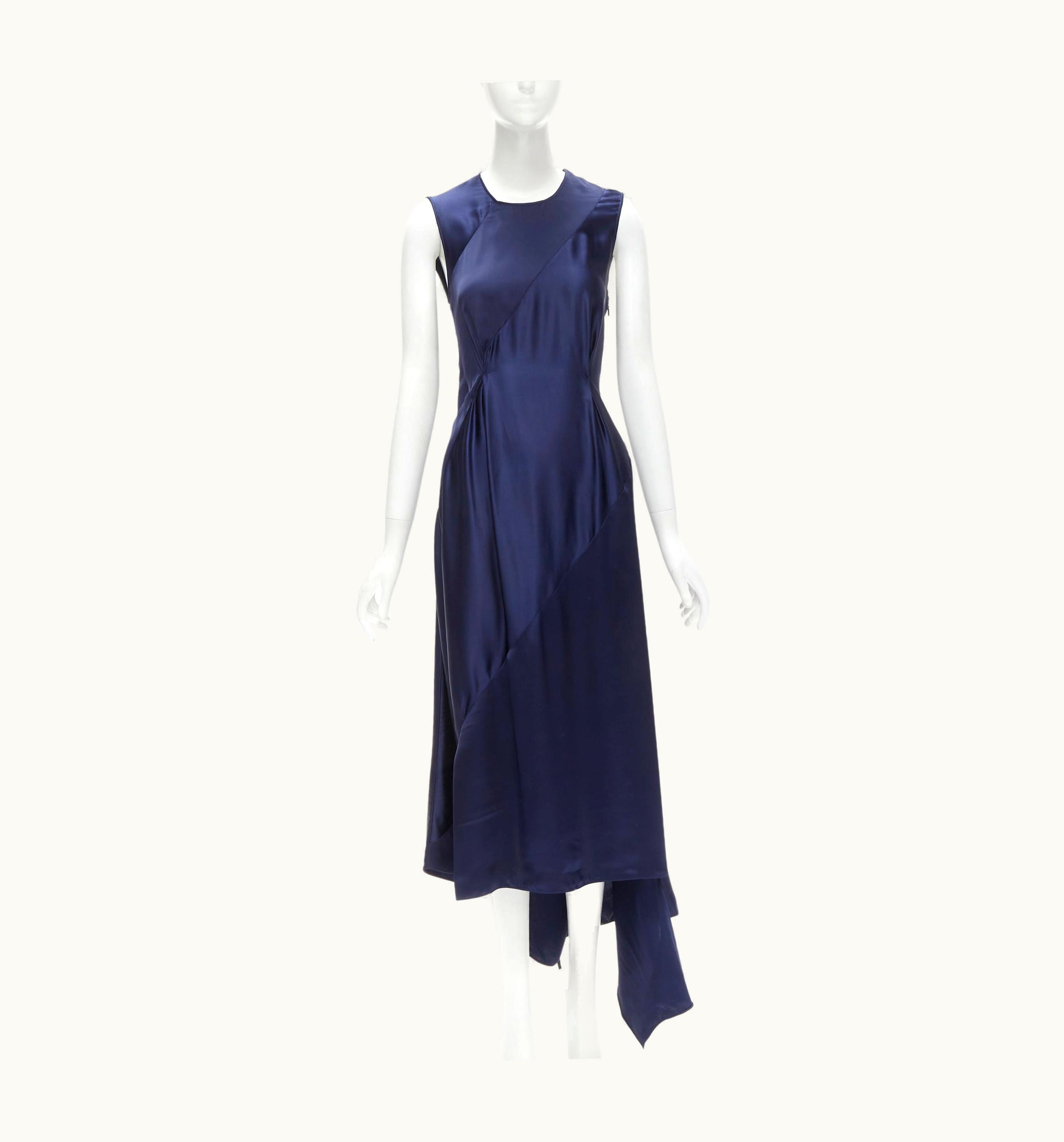 Loewe Loewe 2019 Runway Navy Viscose Bias Asymmetric Draped Cut Out Midi Dress