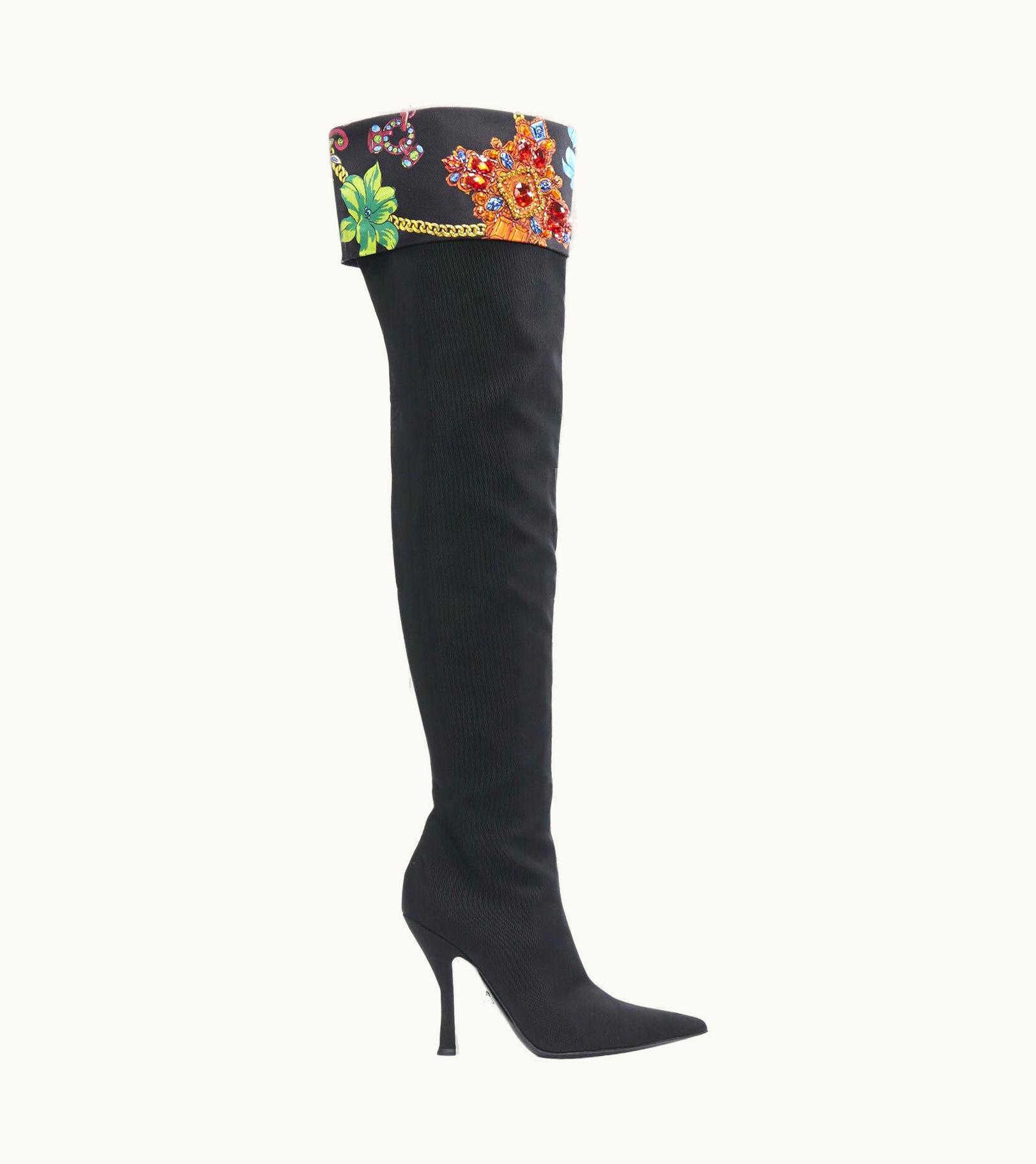 Versace Versace Runway Black Chain Crystal Embellished Foldover Knee Boot Eu UZ0614258