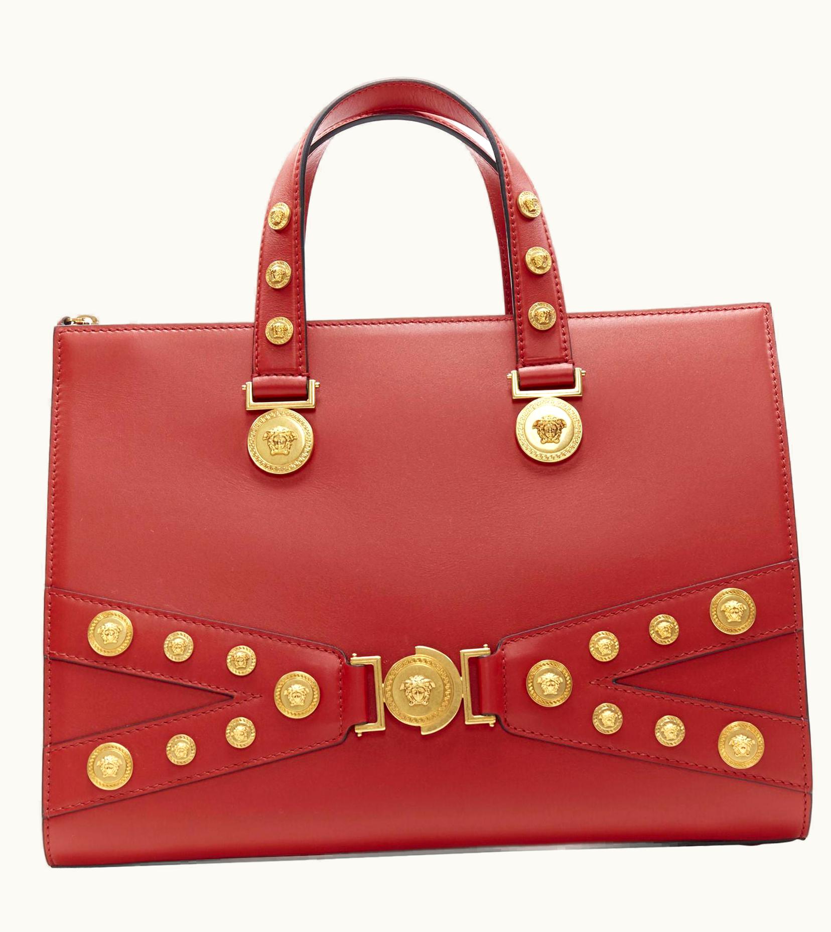 Versace Versace Tribute Tote Medium Red Bondage Medusa Gold Stud Shoulder Bag UZ0614280