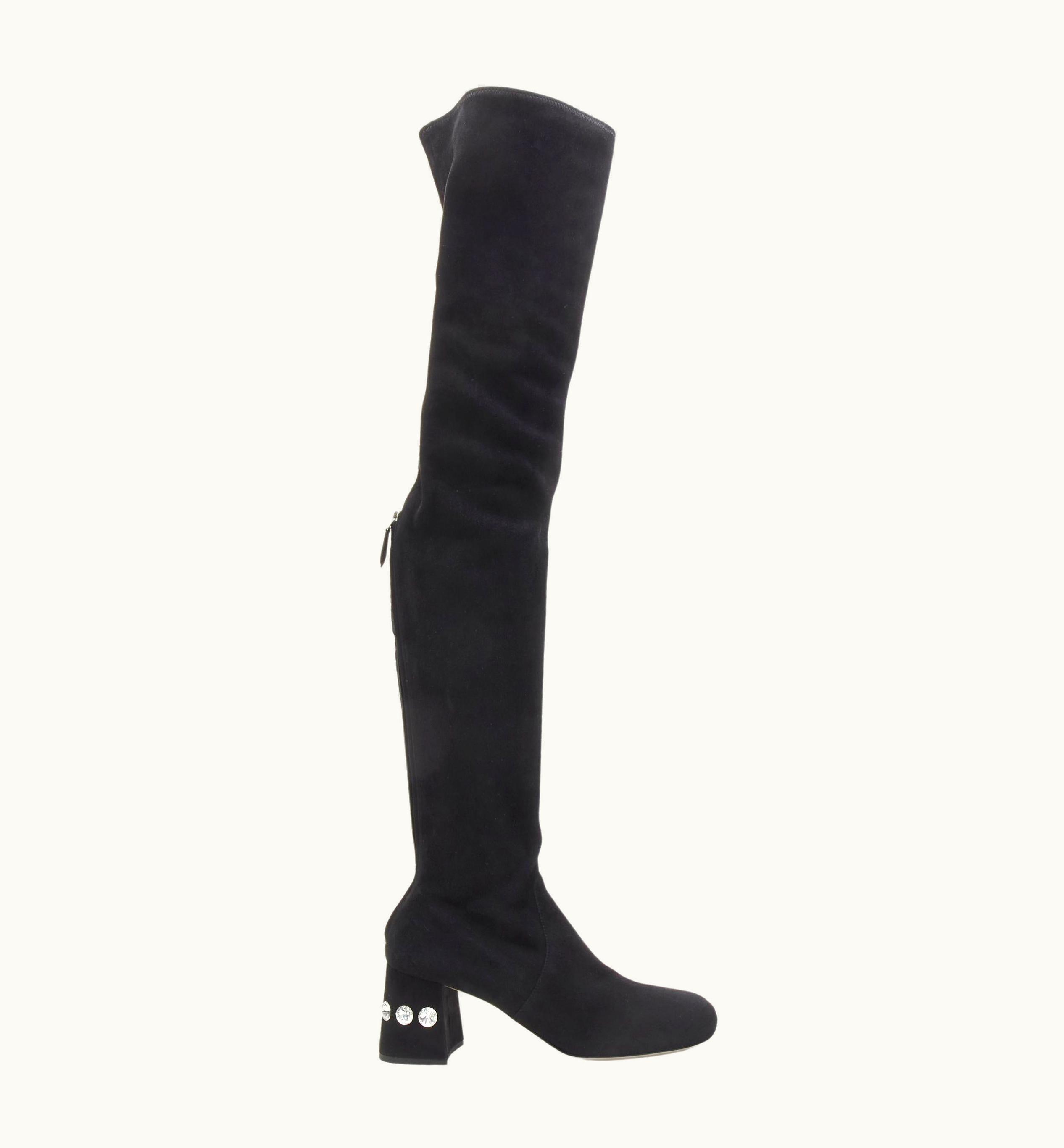 Miu Miu Black Suede Jewelled Crystal Heel Pull On Over Knee Boot UZ0614317