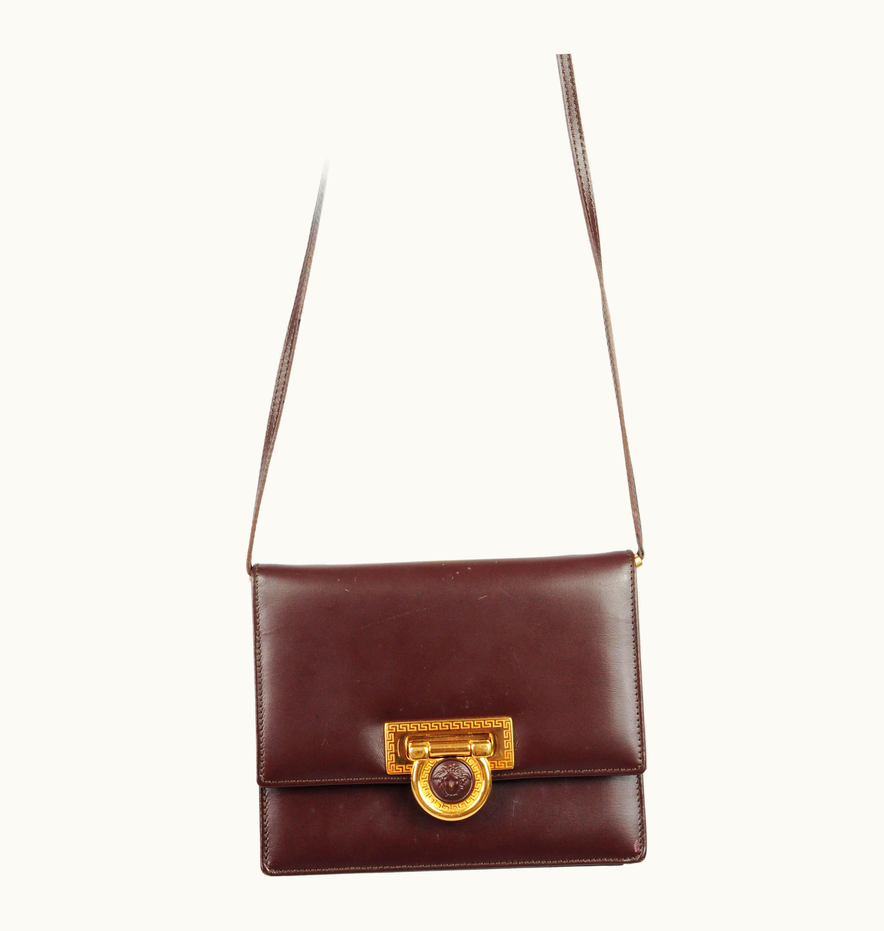 Gianni Versace Medusa Brown Leather Crossbody Mini Bag 1990s