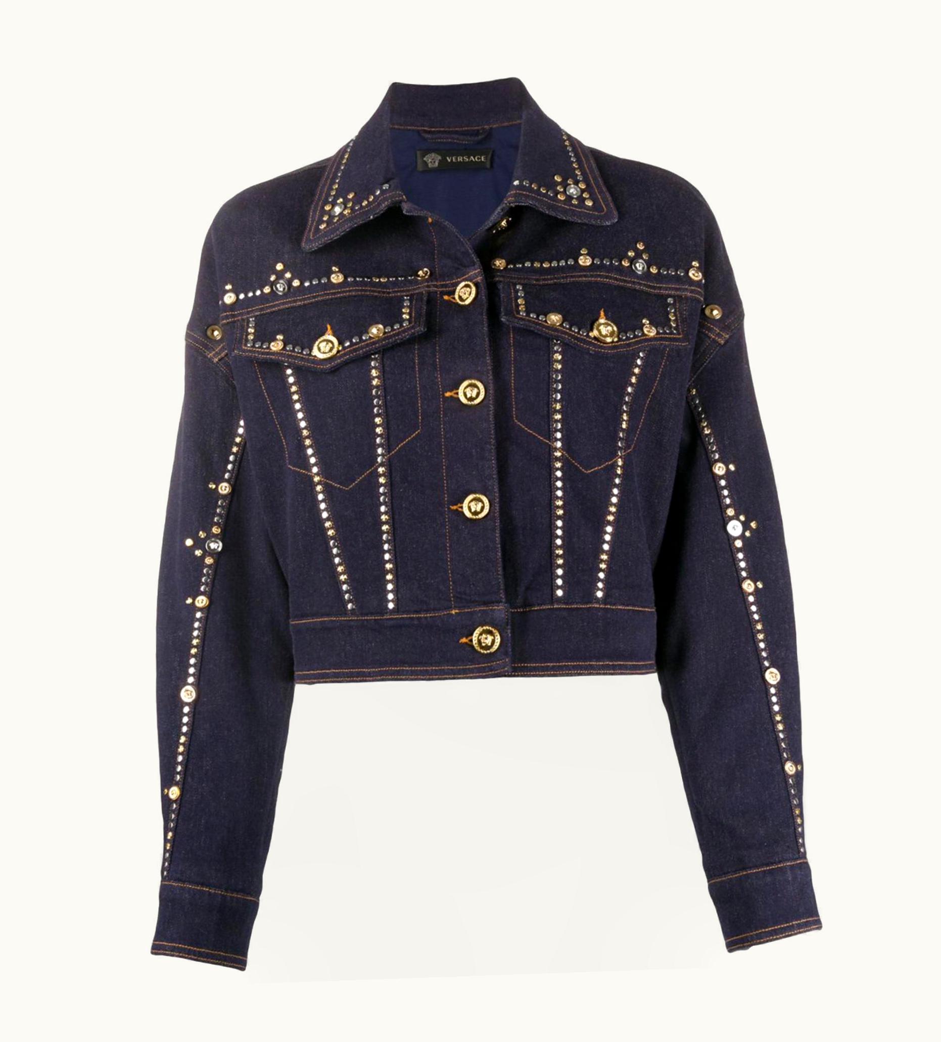 Versace Resort 2020 Studded Gianni Signature Dark Blue Denim Jean Jacket UZ0614391
