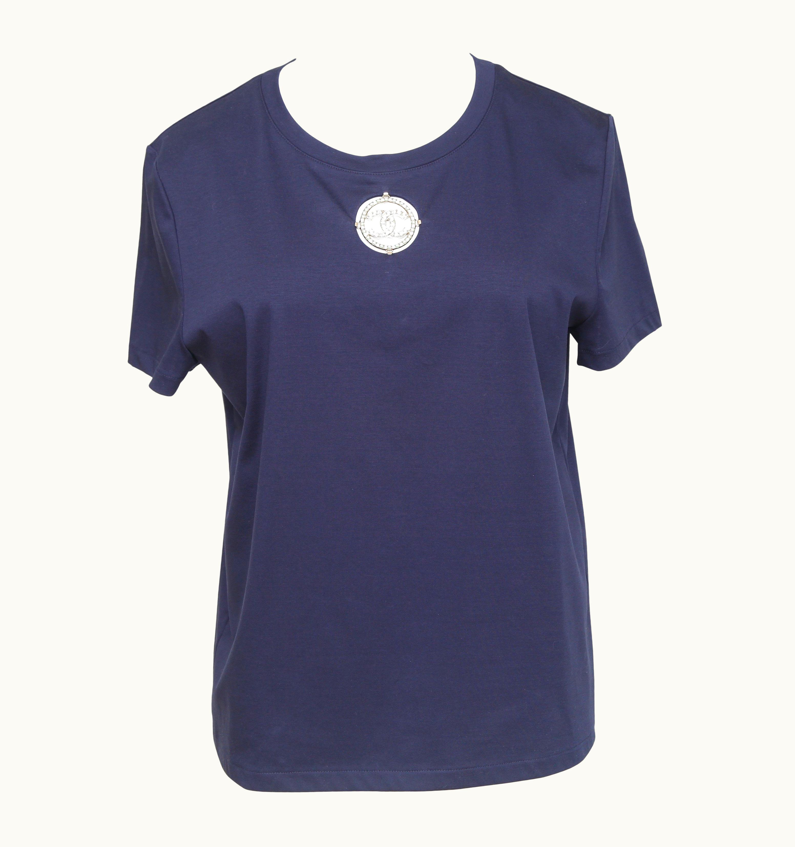 Chanel T-Shirt Top Navy Blue Cc Crystals Short Sleeve Crew Neck 34/36 2020