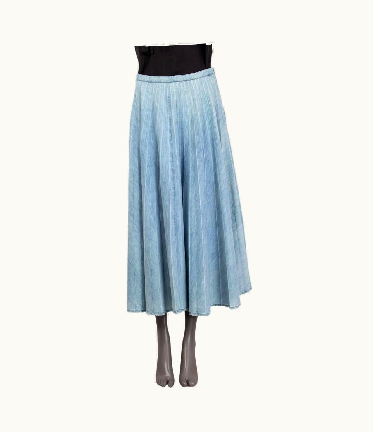 Miu Miu Light Blue 2021 Plisse Cotton Chambray Midi Skirt