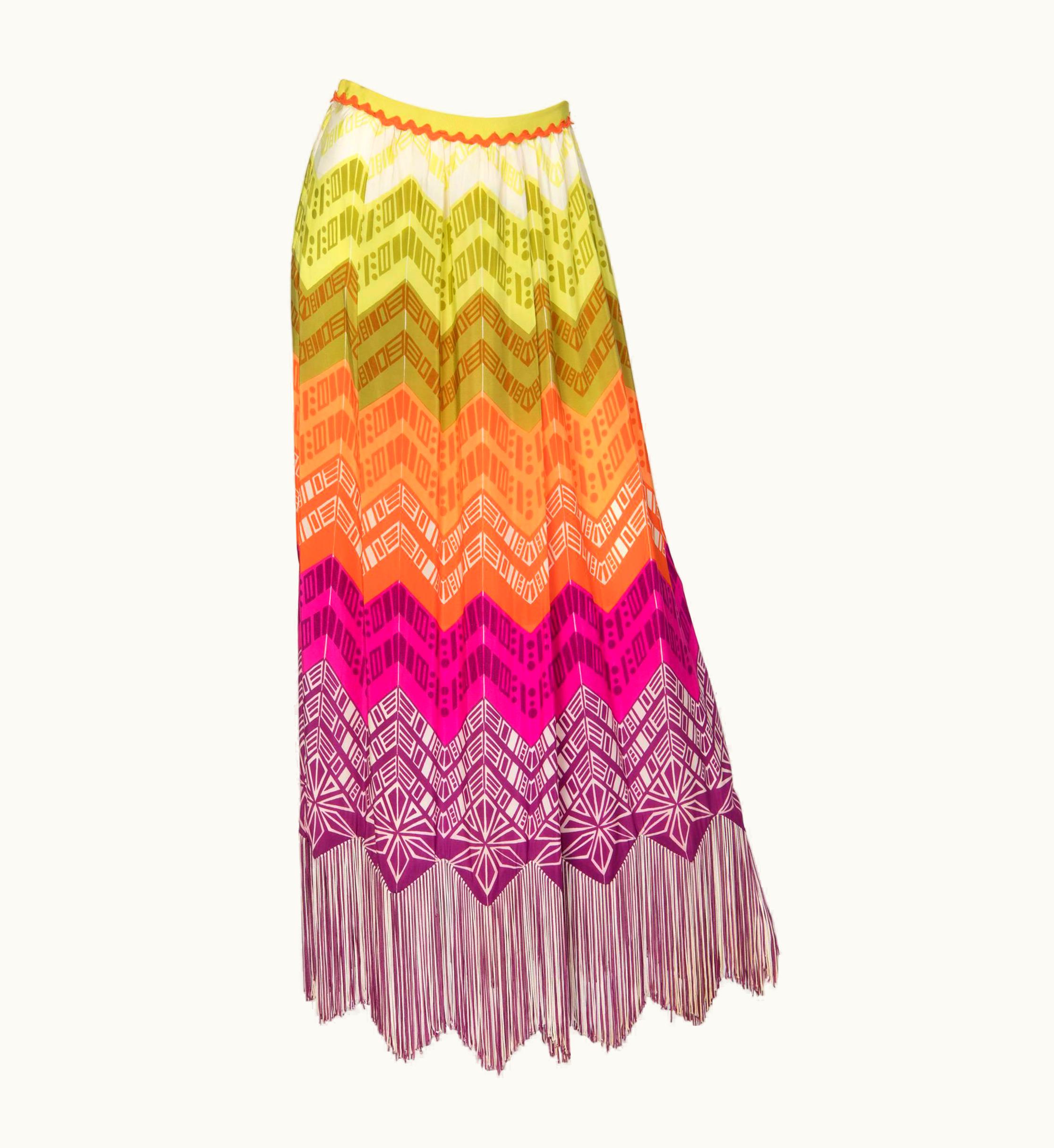 Lanvin Silk Rainbow Multicolor Print Fringe Maxi Skirt, 1970s