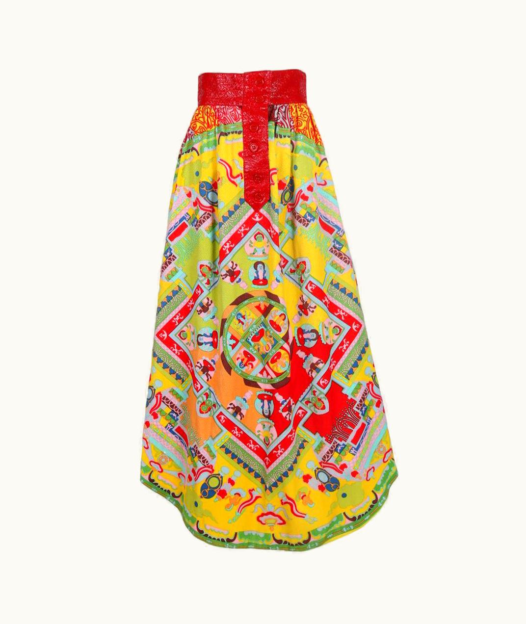 Lanvin Maxi Skirt w/Red Pleather Trim & 'Buddha' Print