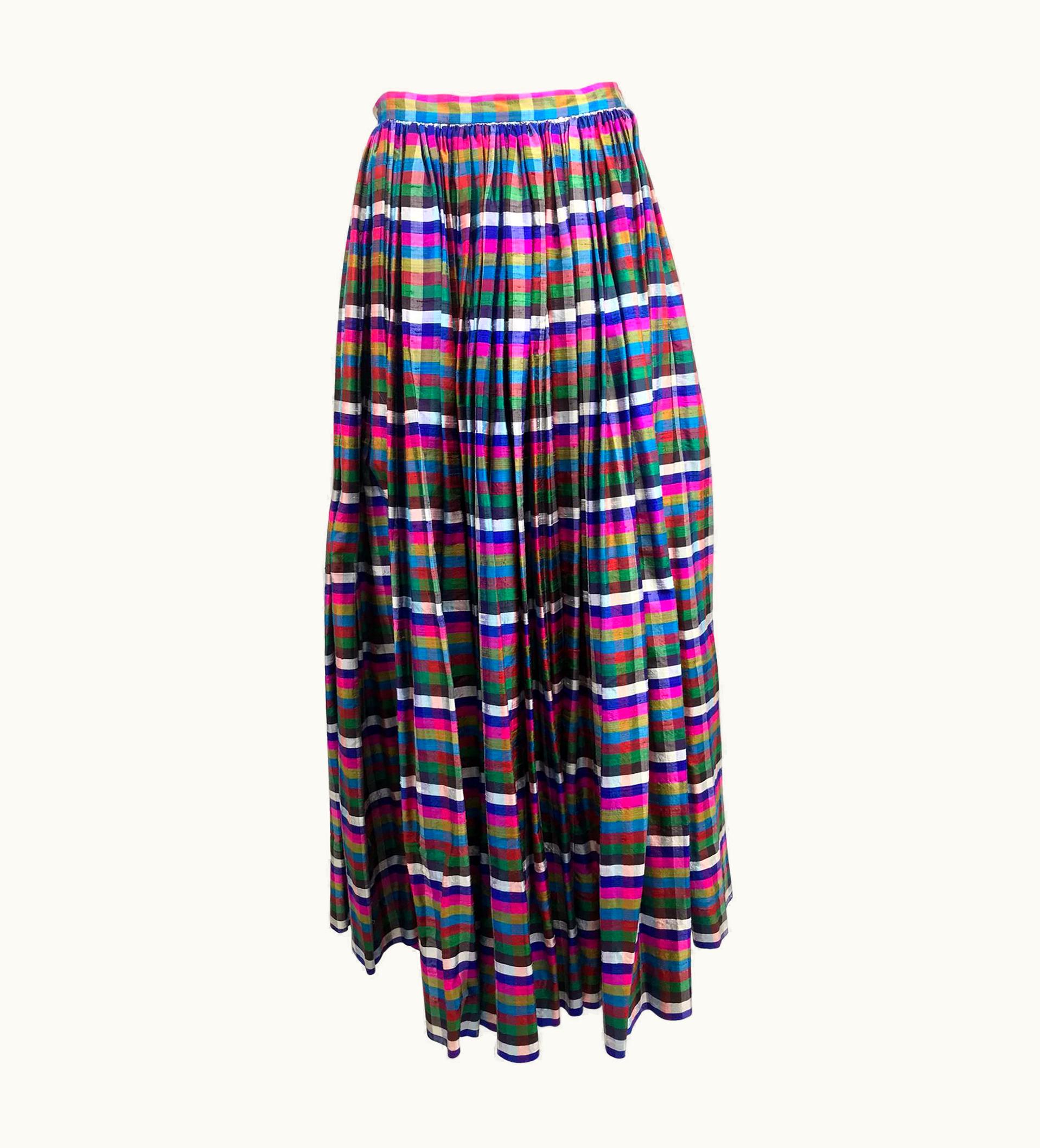 Lanvin Raw Silk Open Pleated Plaid Maxi Skirt 1970s