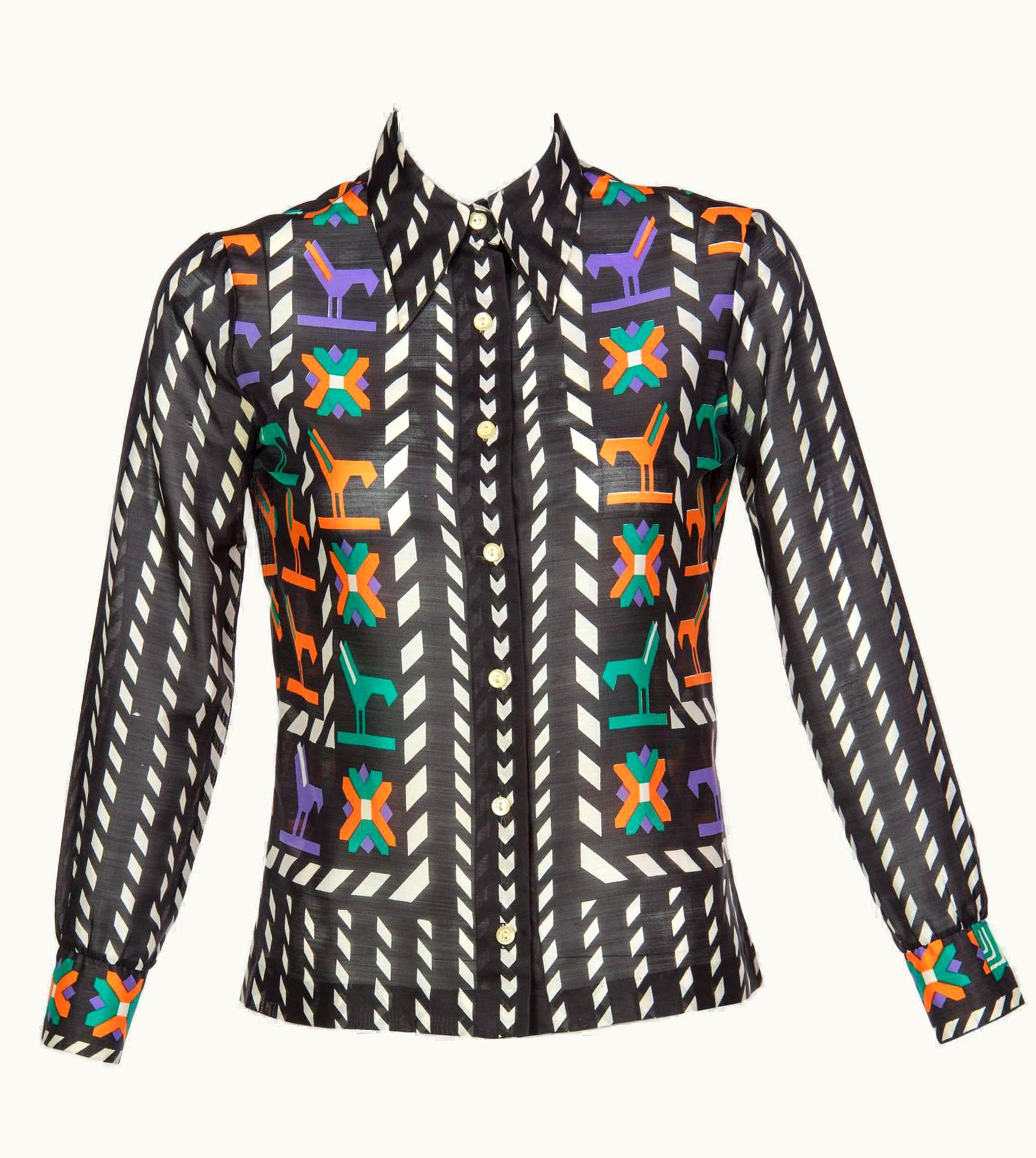 Lanvin 1970s Lanvin Black White Multicolored Silk Print Button Down Blouse