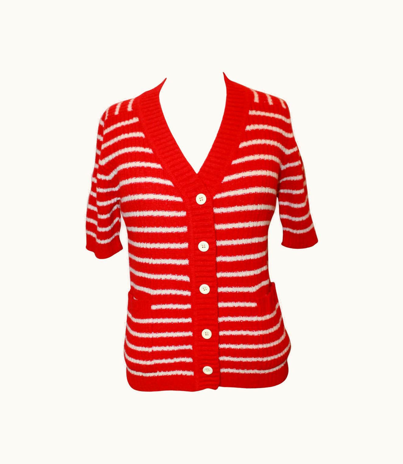 Lanvin 1970' Red & White Striped Wool Blend Short Sleeve Cardigan