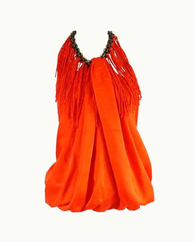 Lanvin Orange Silk Halter Top With Fringe