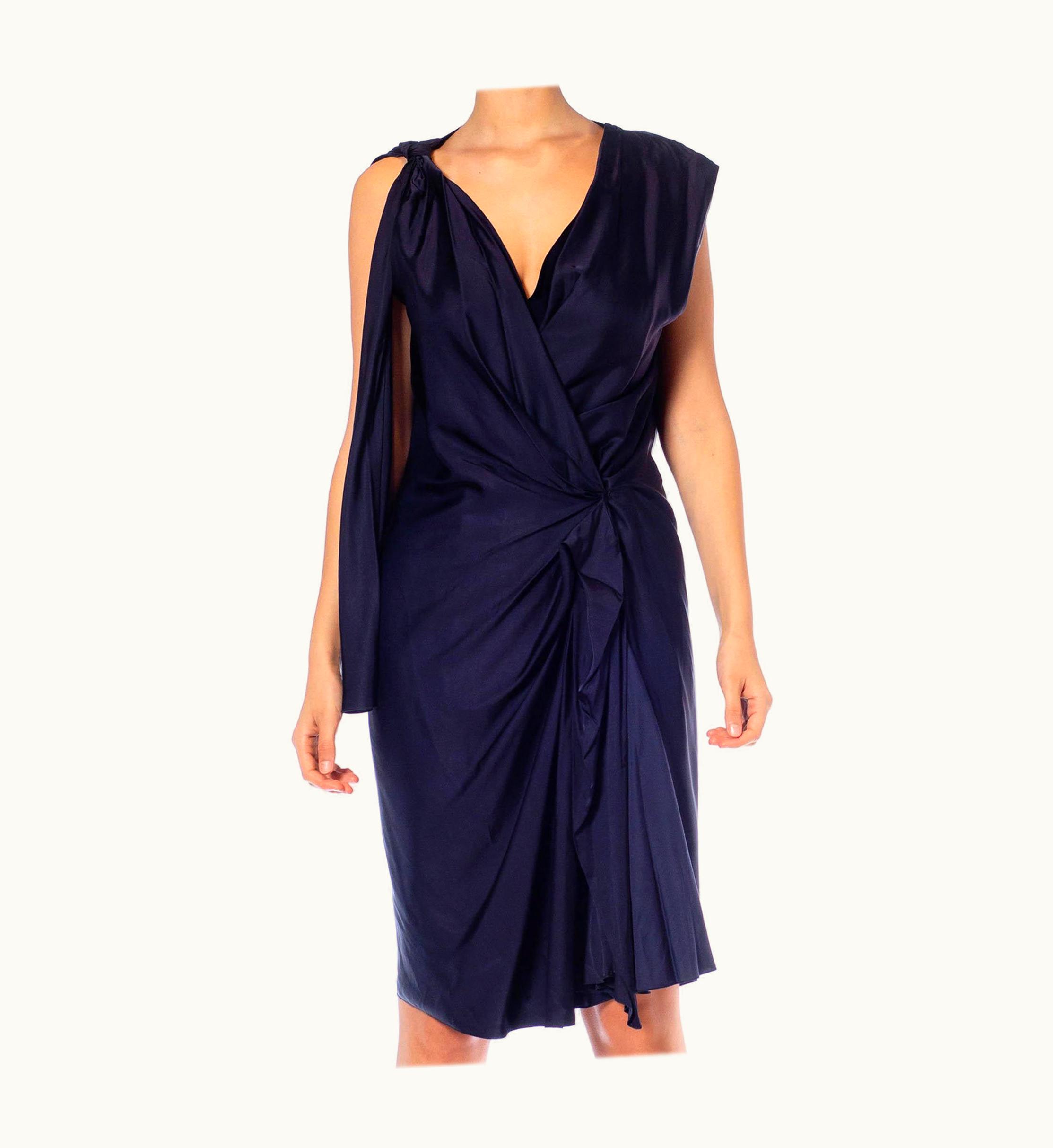 Lanvin 2000s Lanvin Navy Blue Silk Satin Deconstructed Wrap Dress