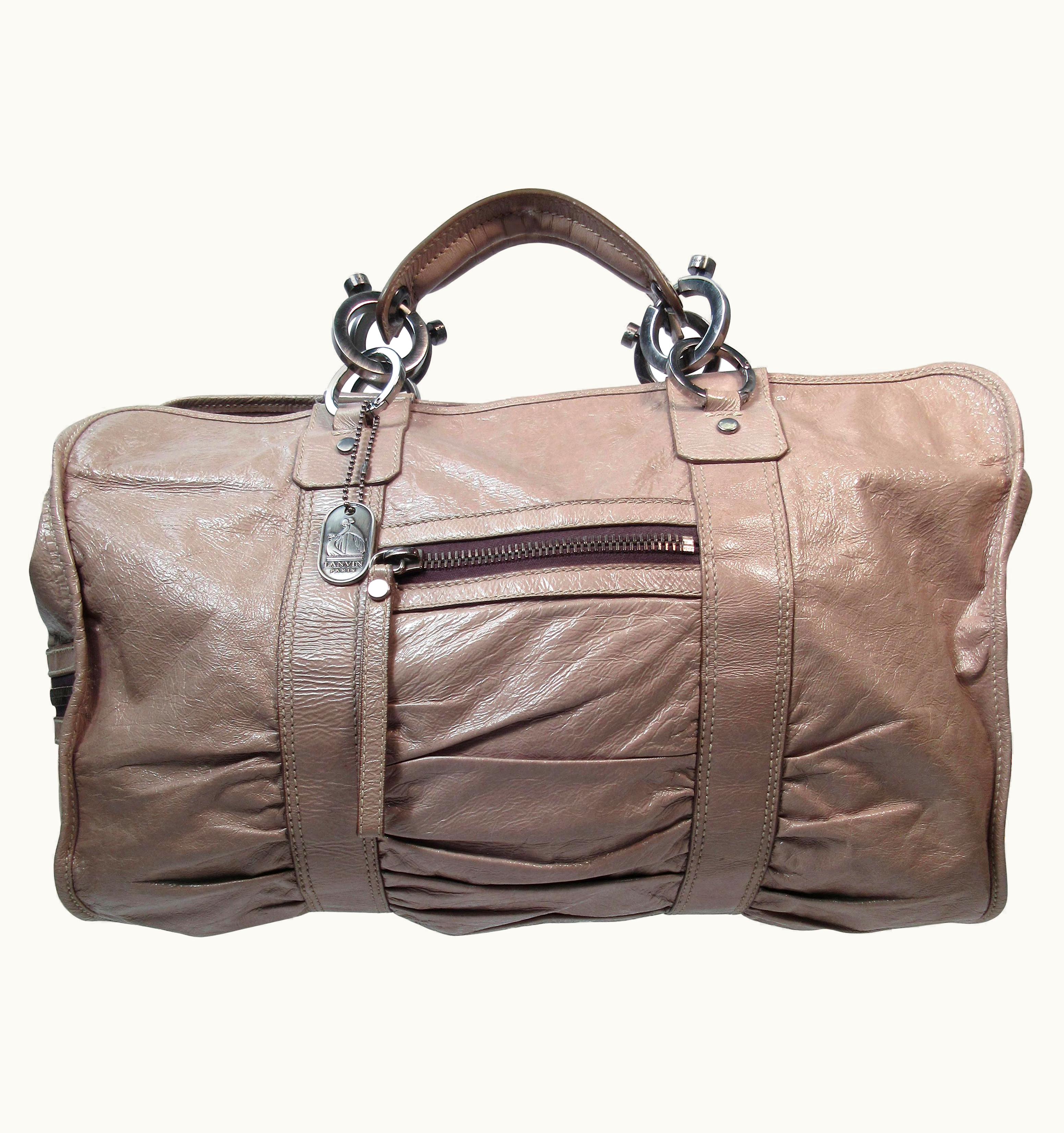 Lanvin Patent Taupe Carry All Handbag With Silver Hardware