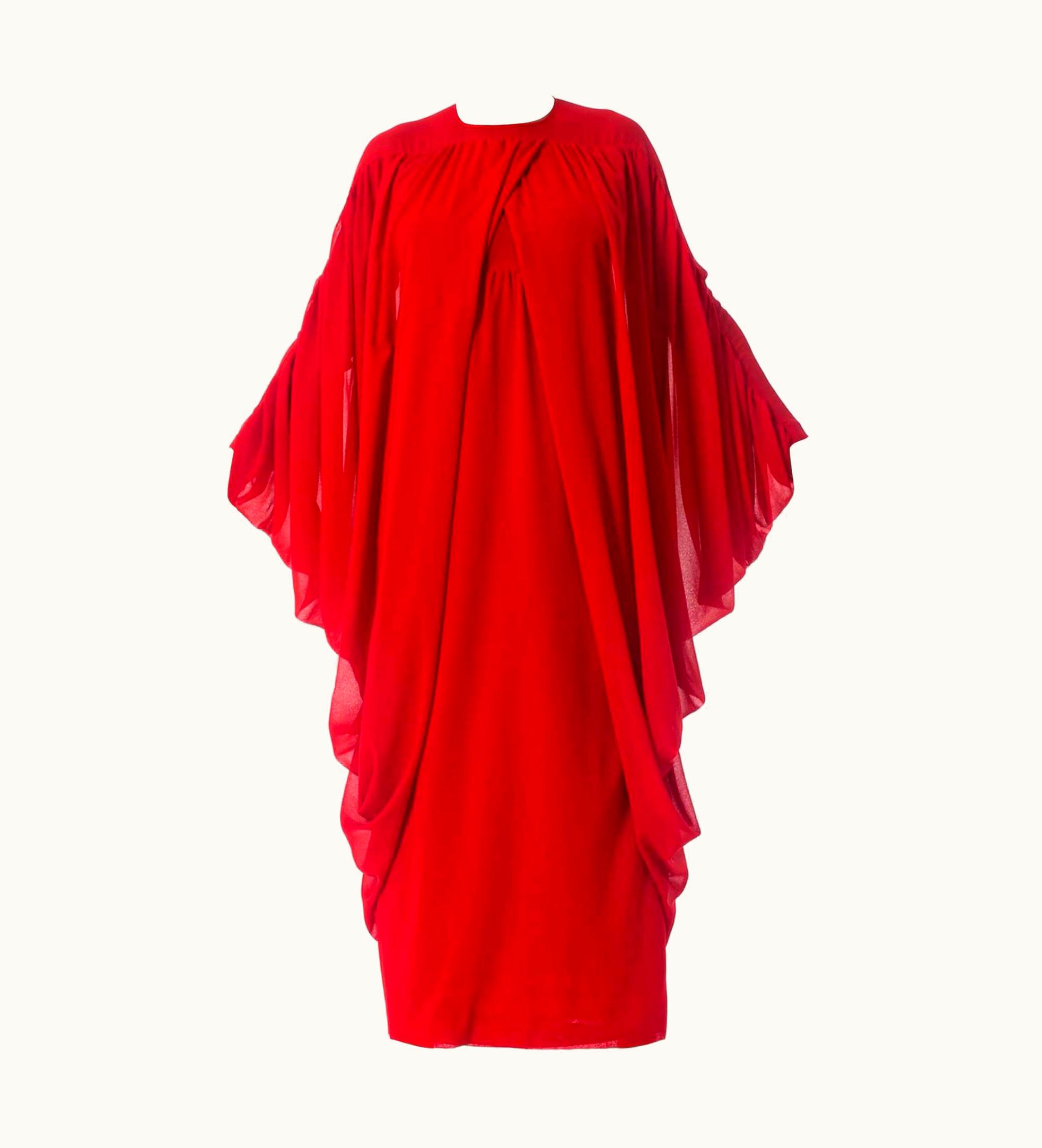 Lanvin 1980s Lanvin Lipstick Red Polyester Chiffon Giant Draped Sleeve Gown