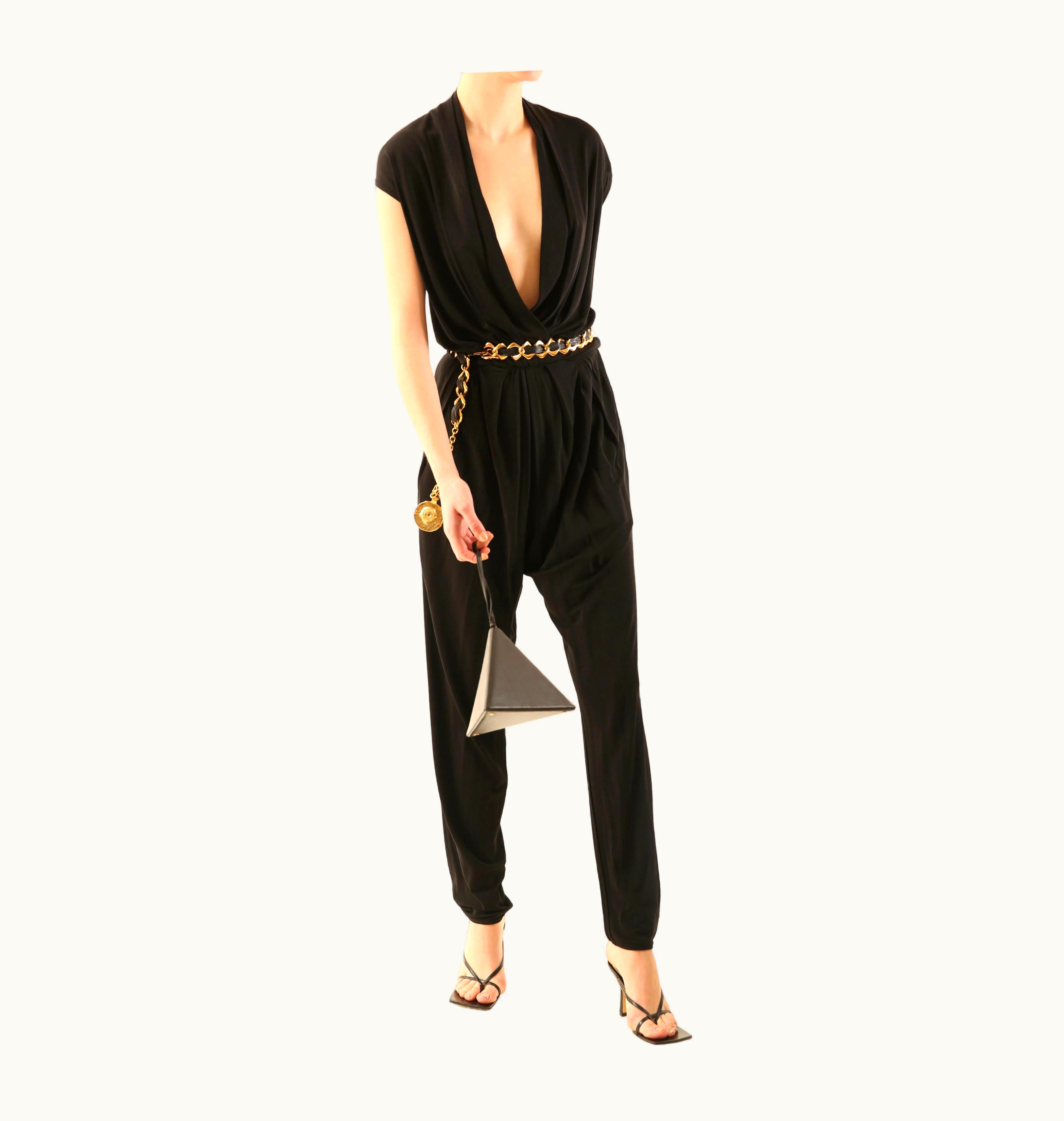 Lanvin Black Plunging Neckline Low Cut Sleeveless Tapered Pant Jumpsuit
