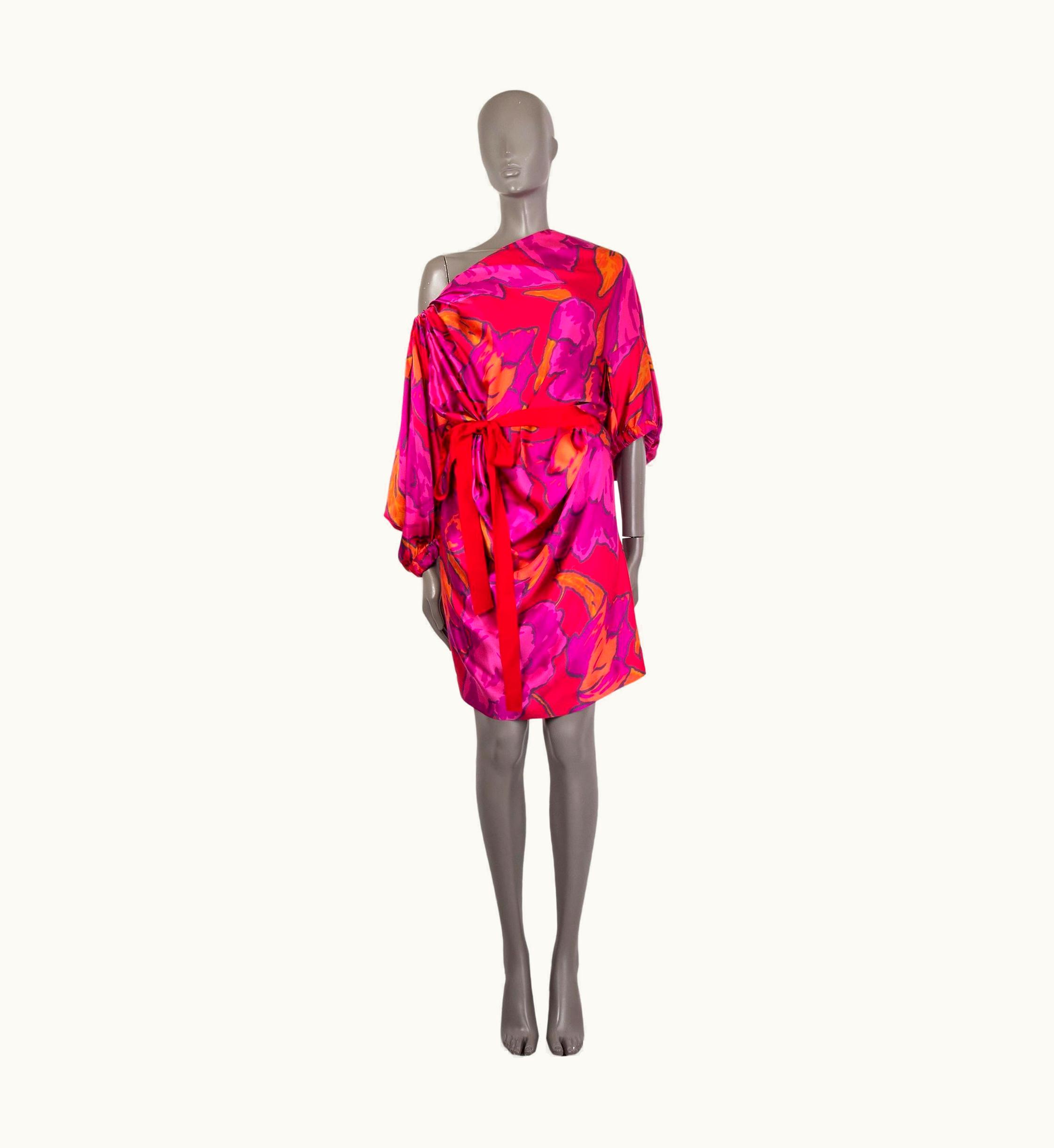 Lanvin Pink Silk Printed One Shoulder Belted Dress