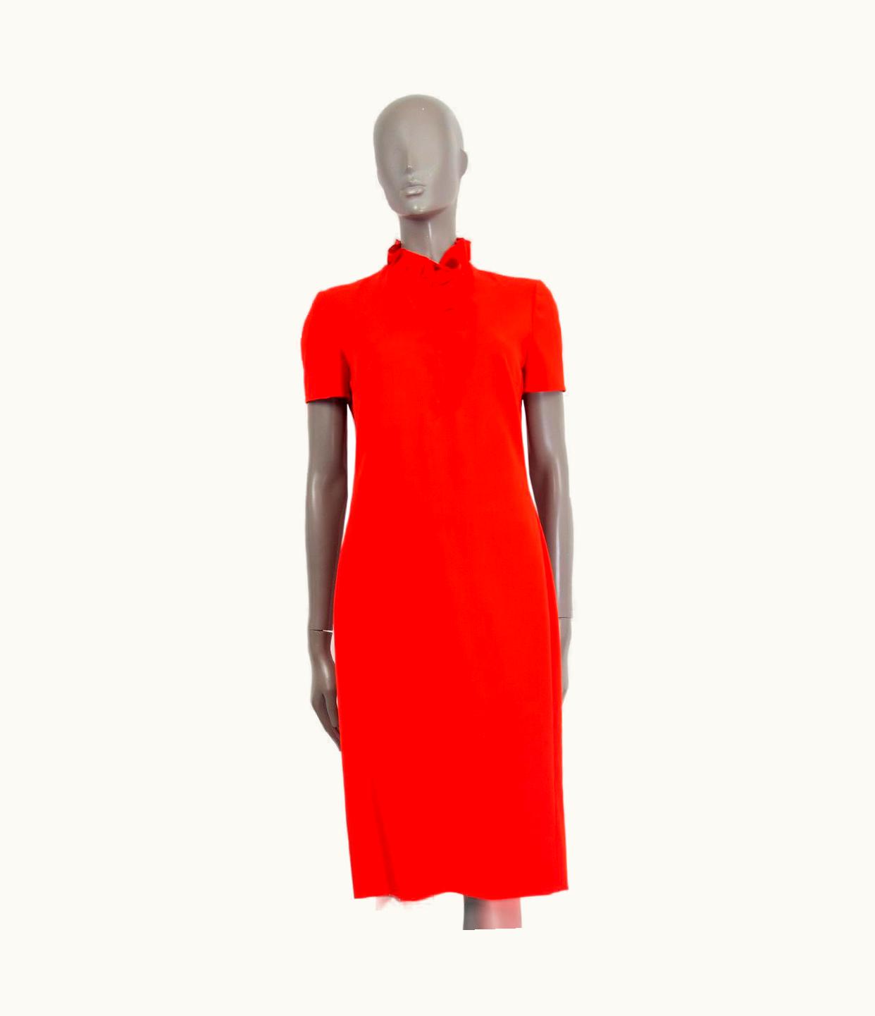 Lanvin Red Wool Ruffled Neck Short Slleve Dress