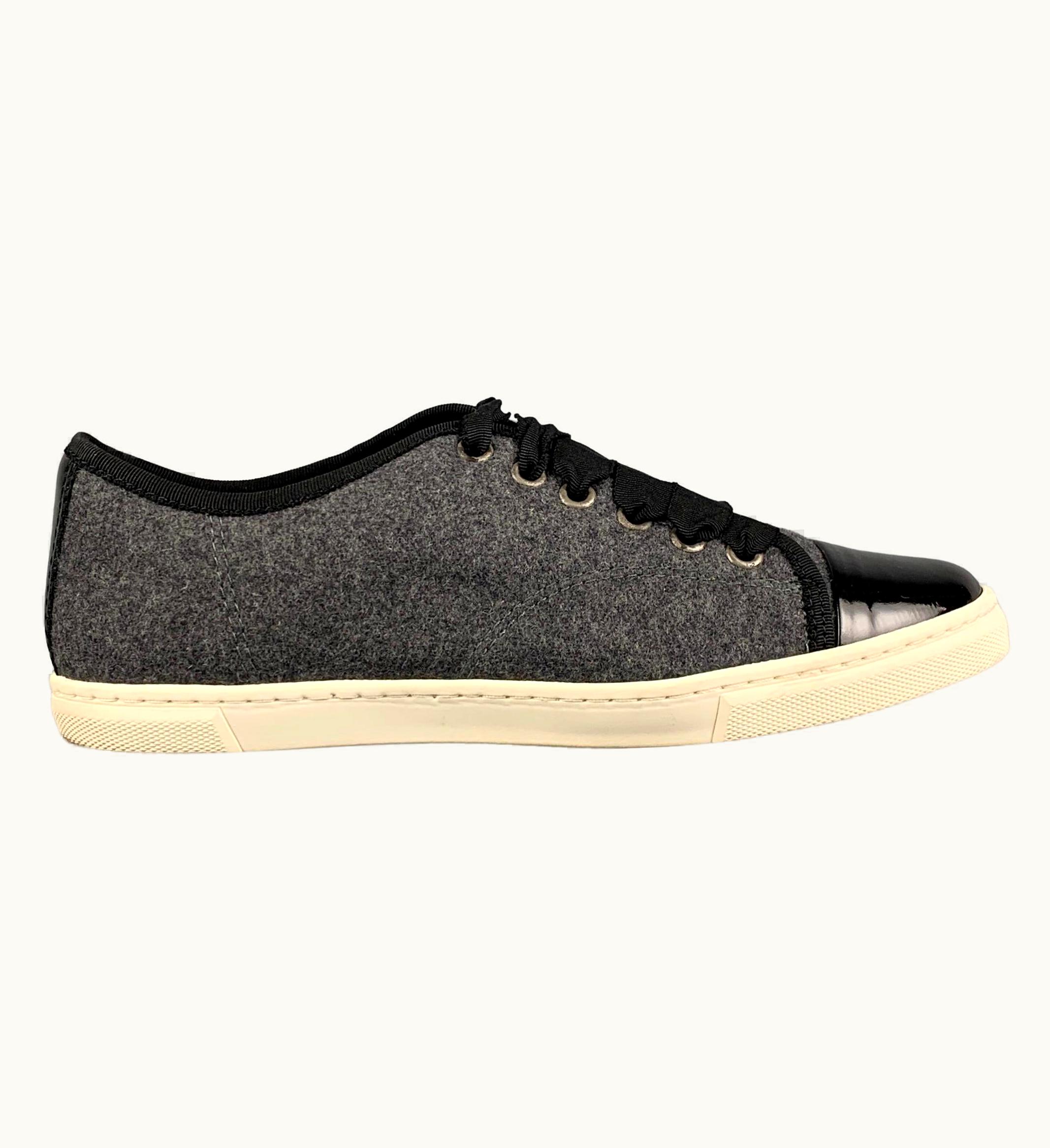 Lanvin .5 Grey & Black Wool Leather Trim Lace Up Sneakers