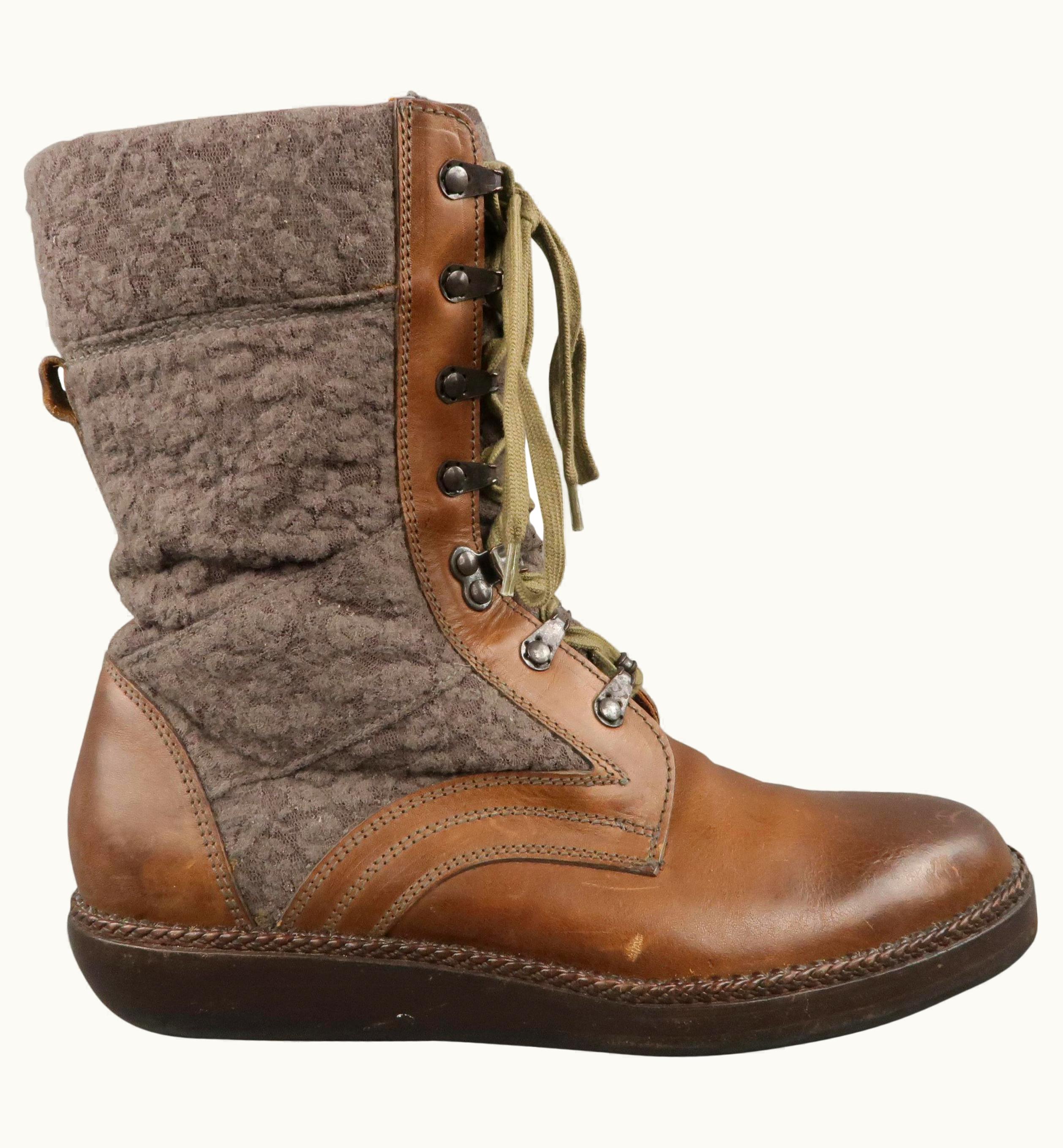 Lanvin Men' Lanvin Brown Leather & Textured Lace Mid Calf Combat Boots