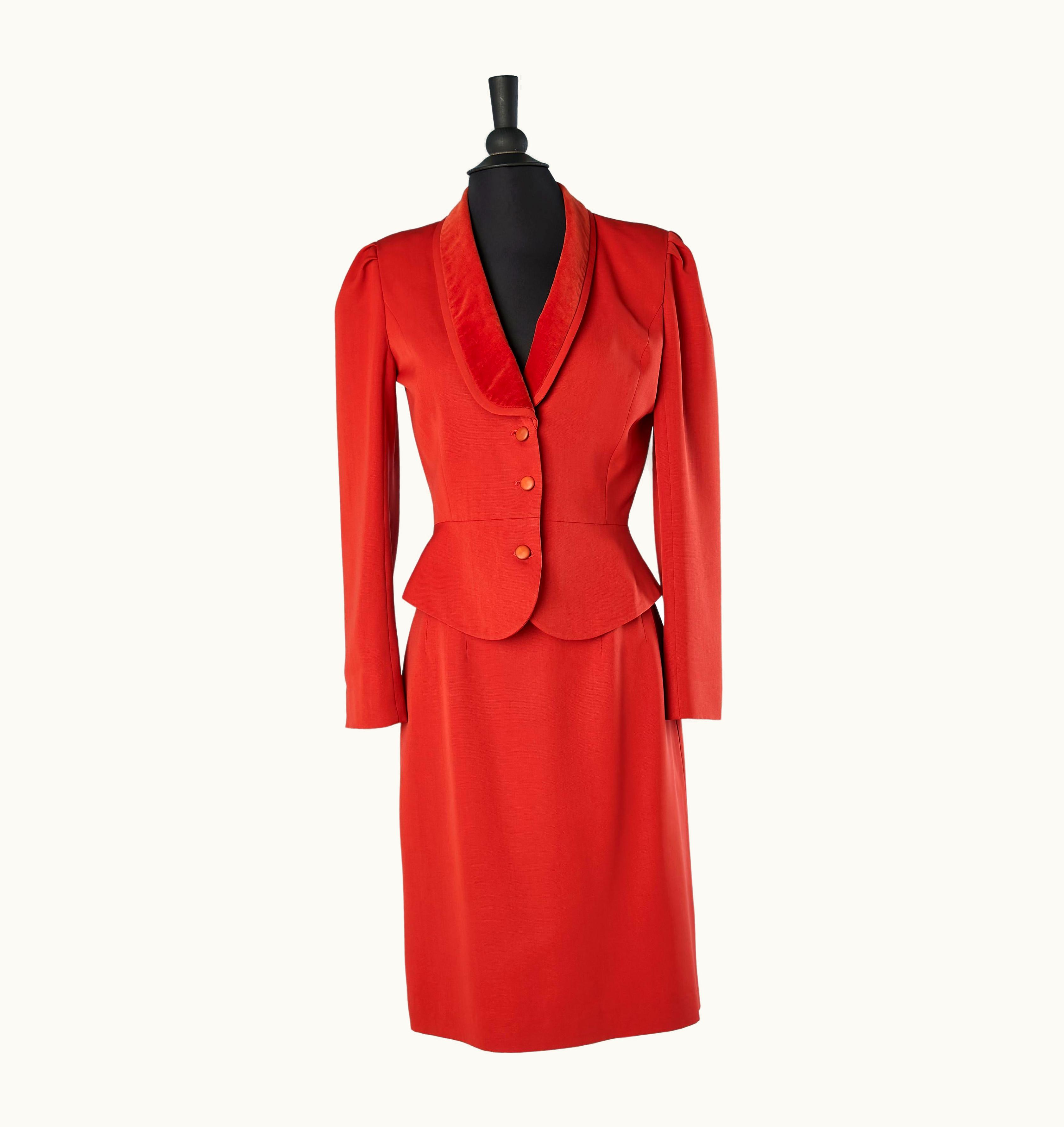 Lanvin Red Wool Skirt-suit With Velvet Collar Lanvin Circa 1960'
