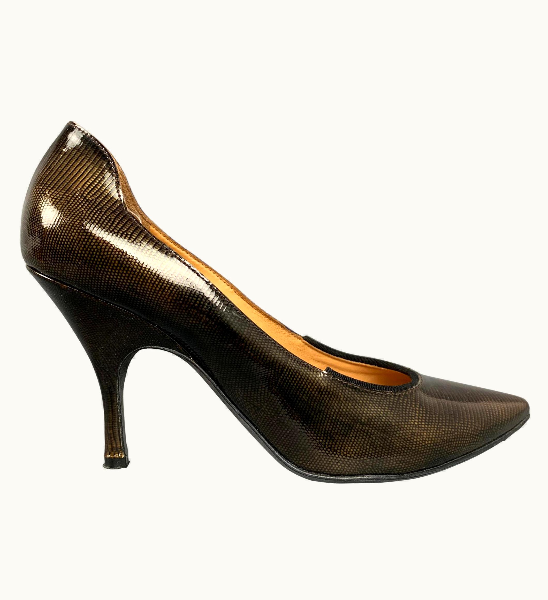 Lanvin For H&m Bronze & Black Textured Patent Leather Pumps