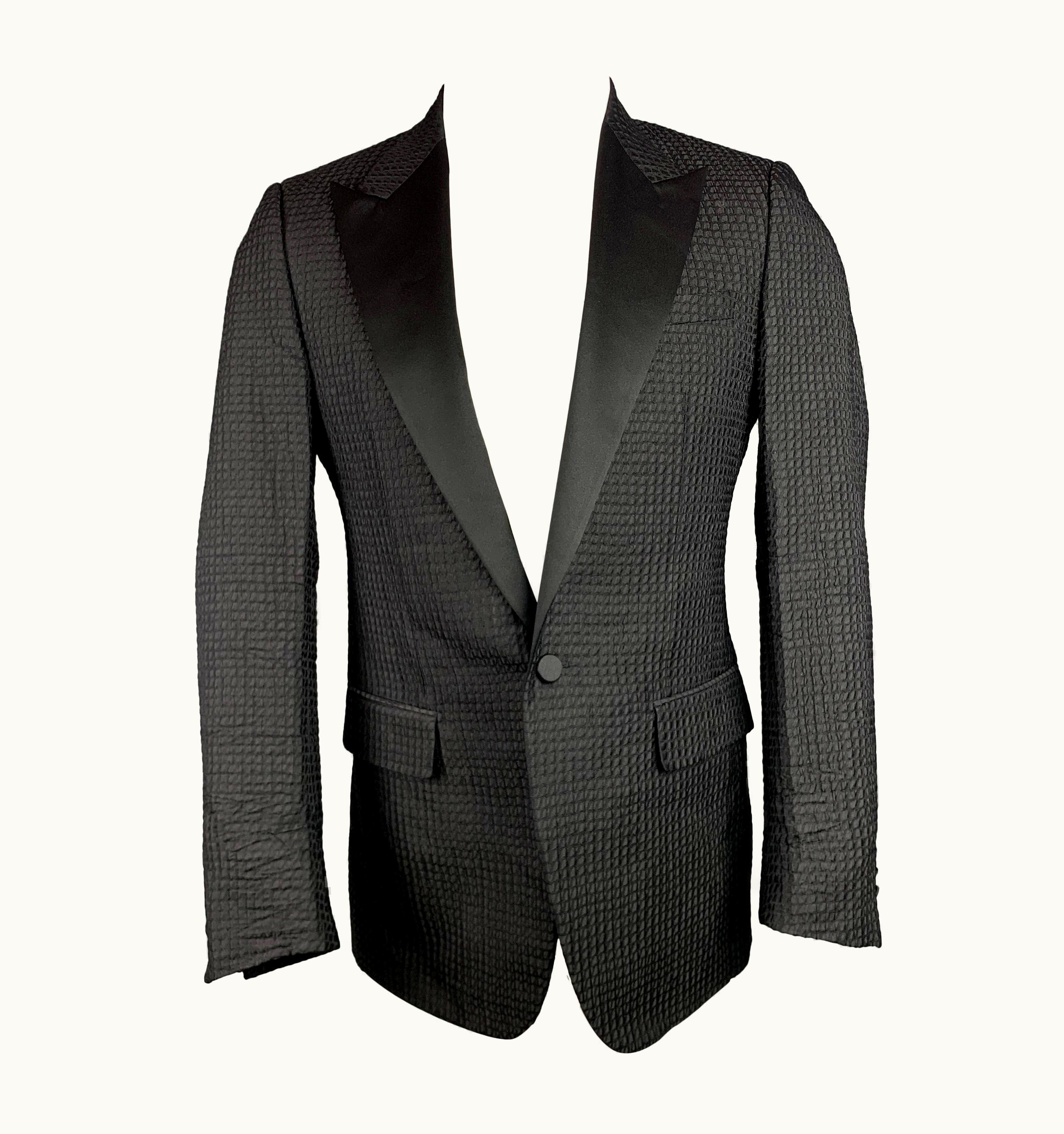Lanvin Regular Black Textured Silk S/S Polyester Peak Lapel Sport Coat