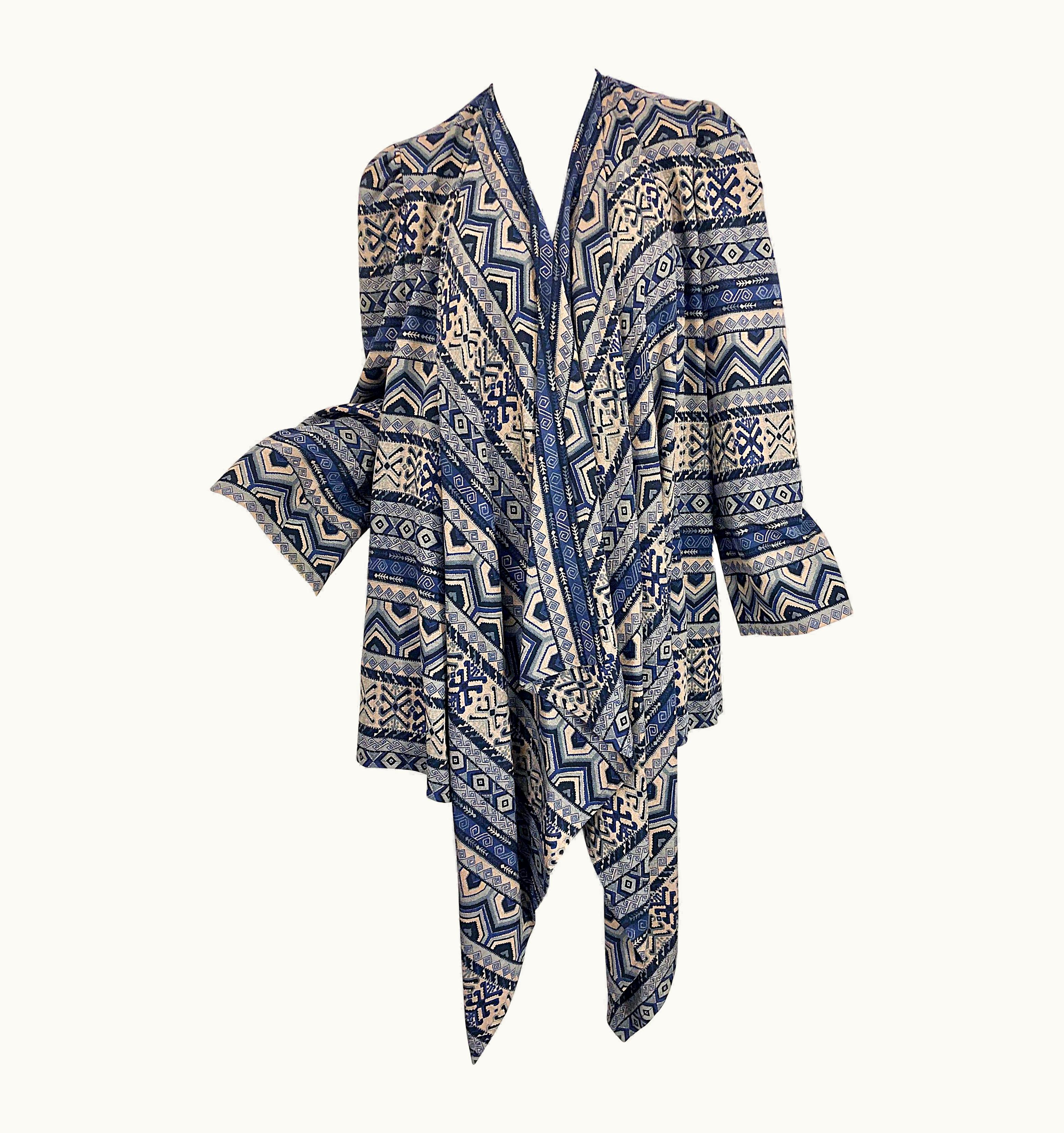 Lanvin Vintage Lanvin Haute Couture Aztec Navy Blue Indigo Wool Challis Wrap Cardigan