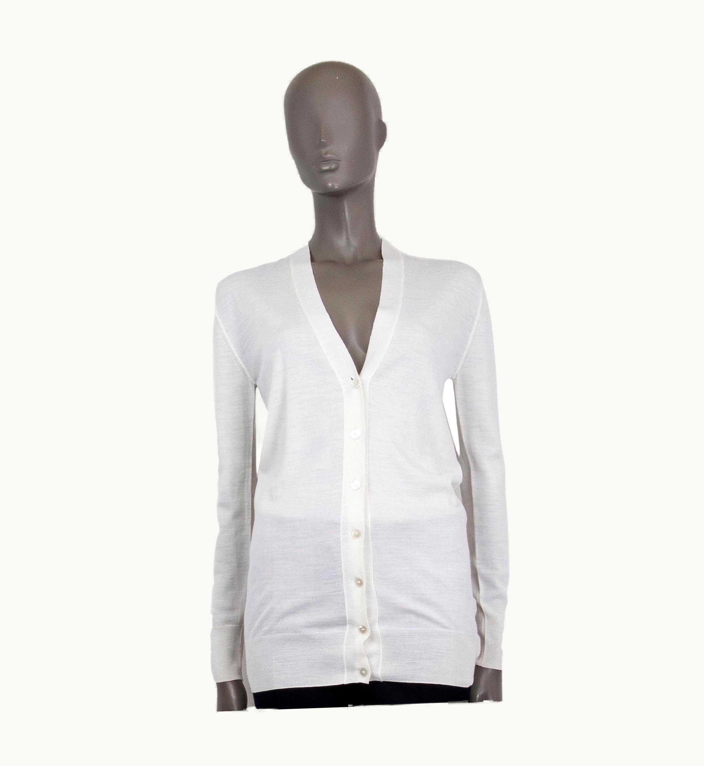 Lanvin White Wool Long Cut Button Front V-neck Cardigan Sweater