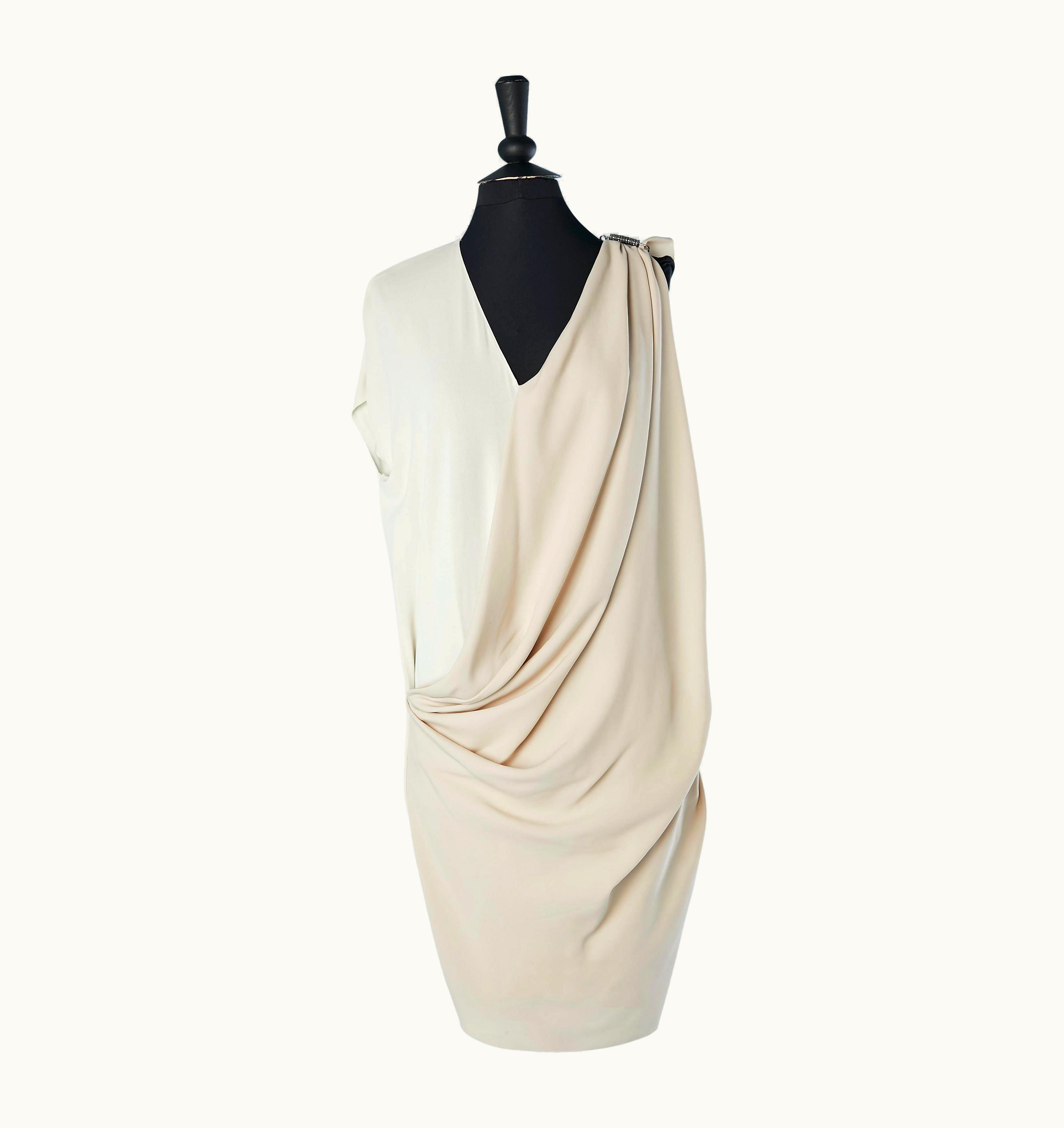 Lanvin Beige And Off-white Jersey Drape Cocktail Dress With Jewelry Safety Pin Lanvin