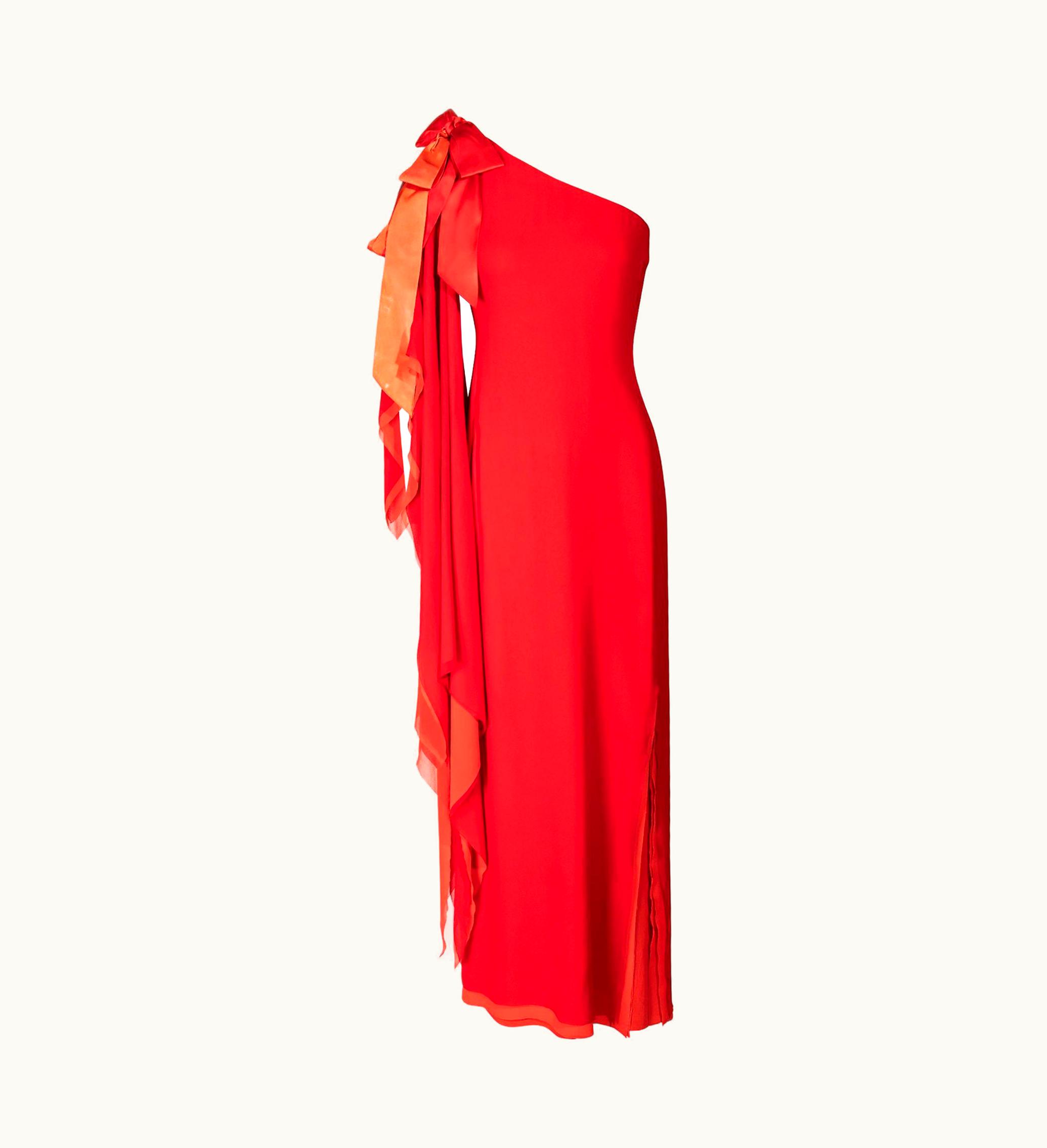 1979 Pierre Cardin Haute Couture Red And Orange Asymmetrical Silk Chiffon Gown