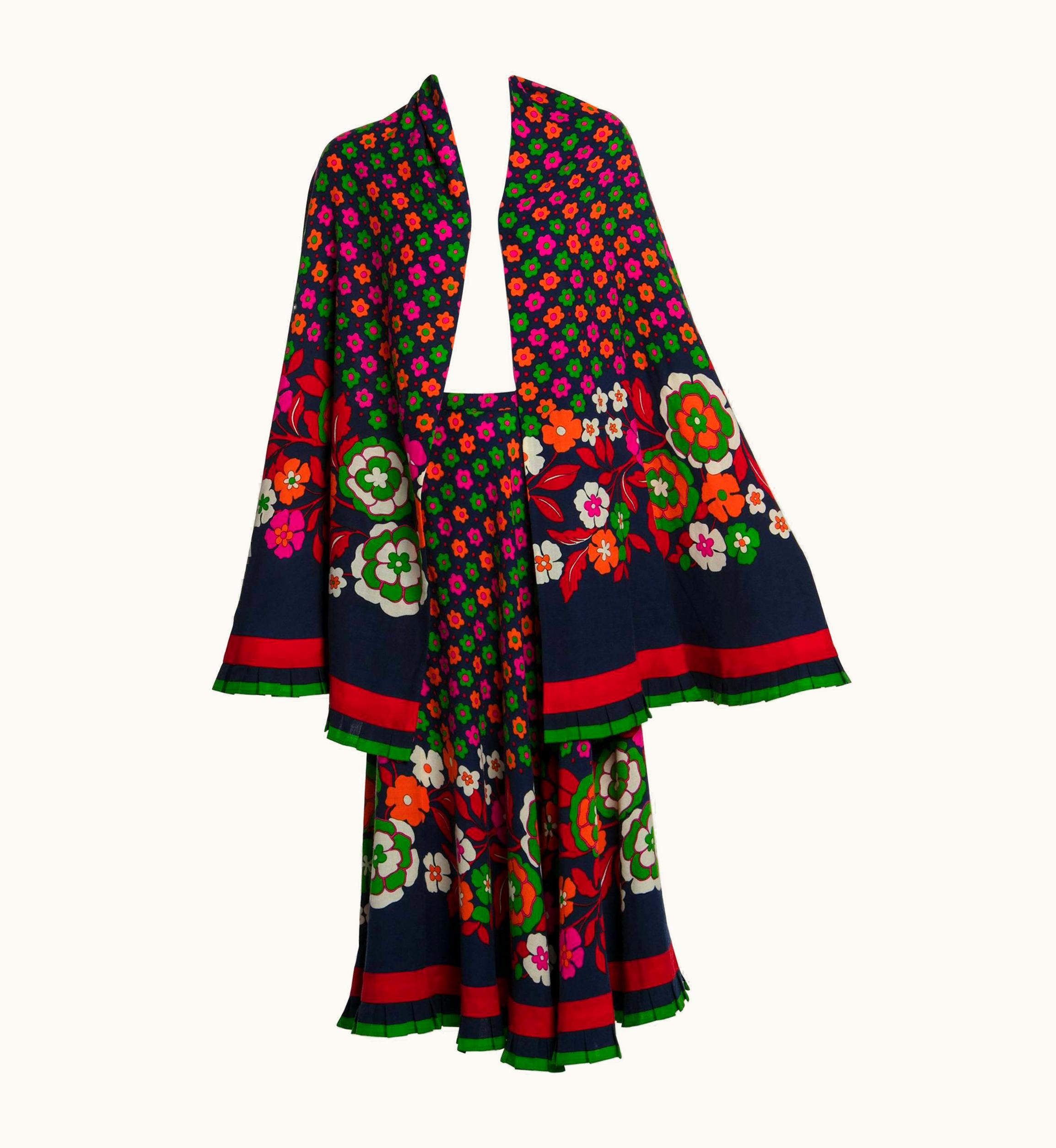 Lanvin 1970s Lanvin Haute-Couture Multicolored Florals Wool Skirt & Shawl Set