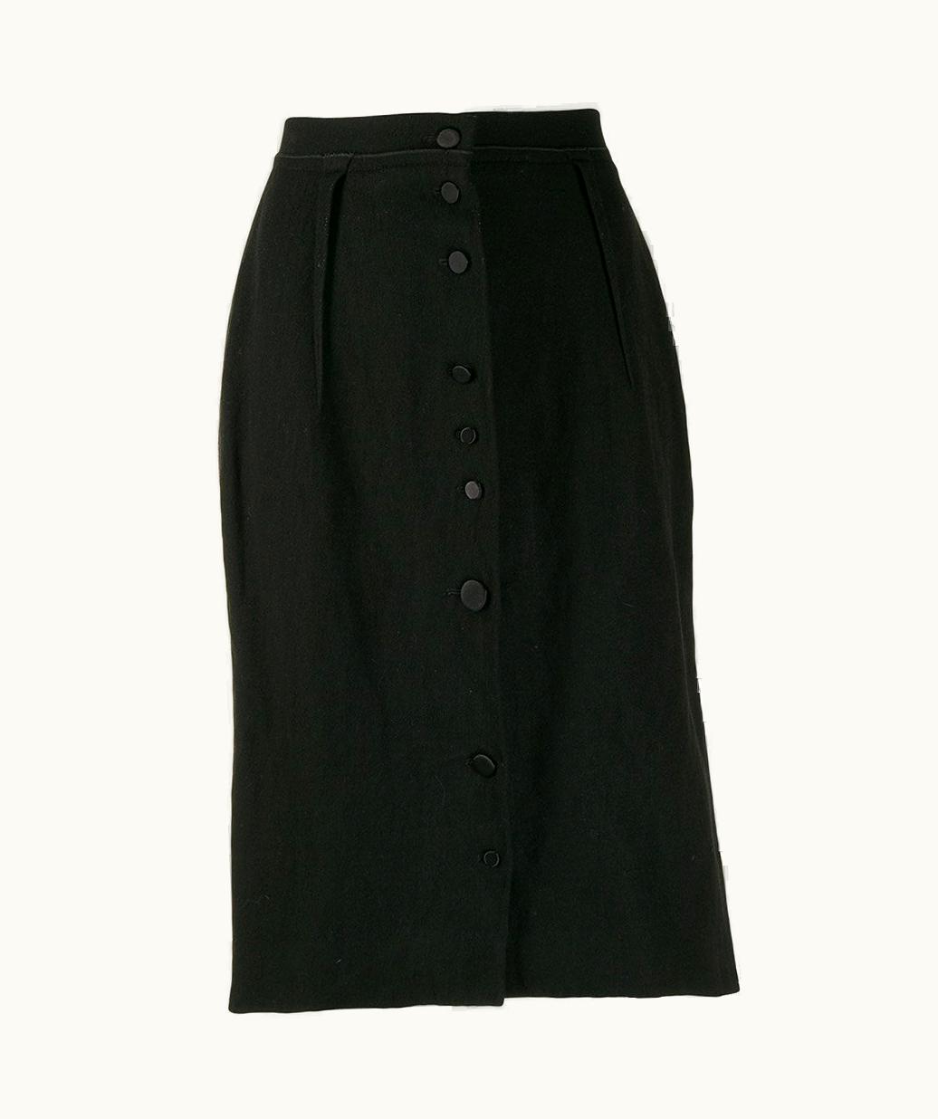 Lanvin Vintage Black Wool Midi 2000s Buttoned Skirt