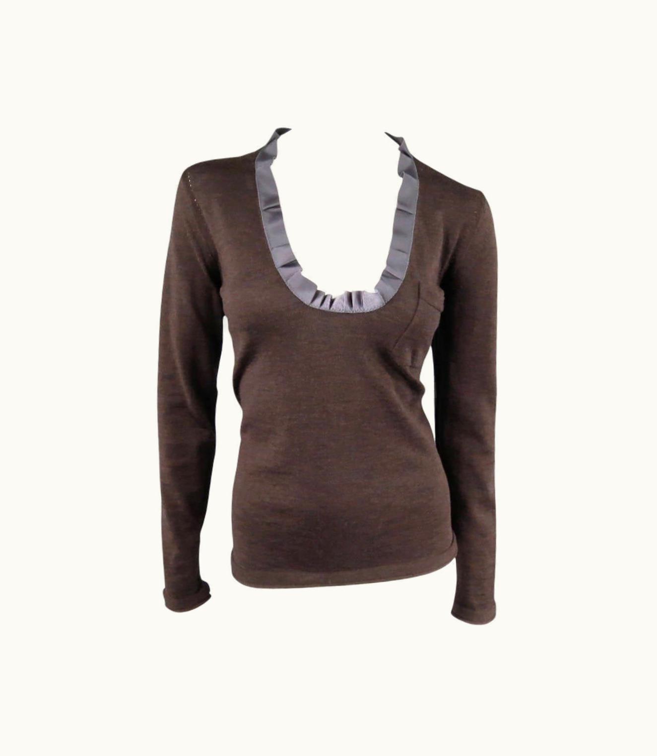 Lanvin Taupe Wool Deep V Ribbon Trim Sweater 2004