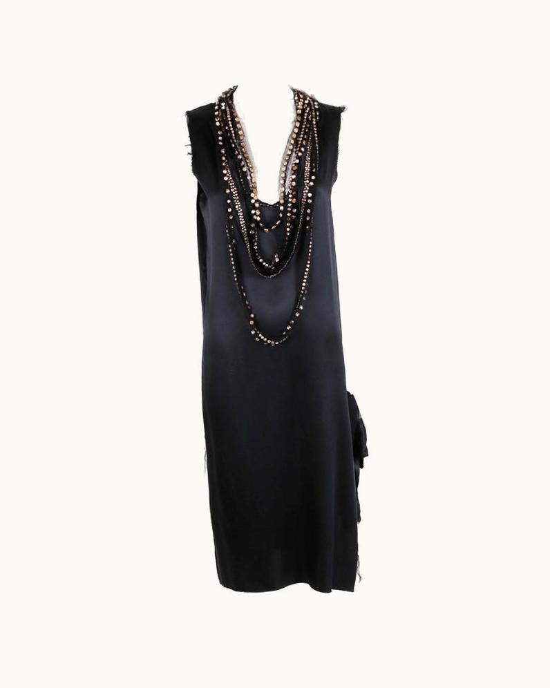 Lanvin 2004 Lanvin Black Silk Flapper Style Evening Dress w/Rhinestone Strands At Neck