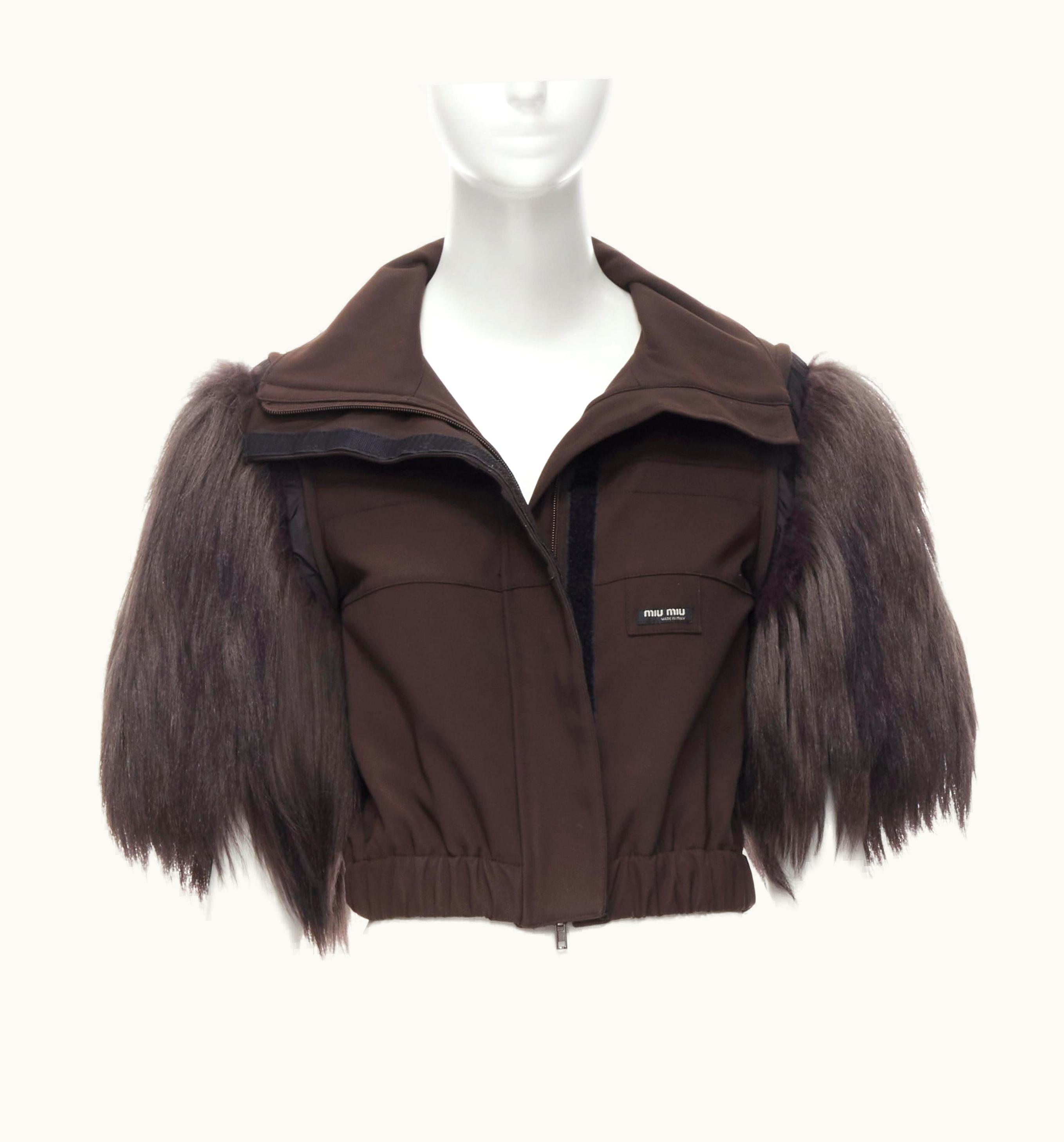 Miu Miu 2006 Runway Brown Logo Goat Fur Sleeve Cropped Zip Up Jacket