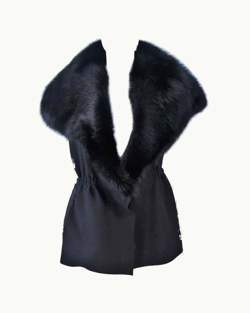 Lanvin Hiver Winter 2009 Black Fisher Fur Collar Wool Fitted Waist Vest