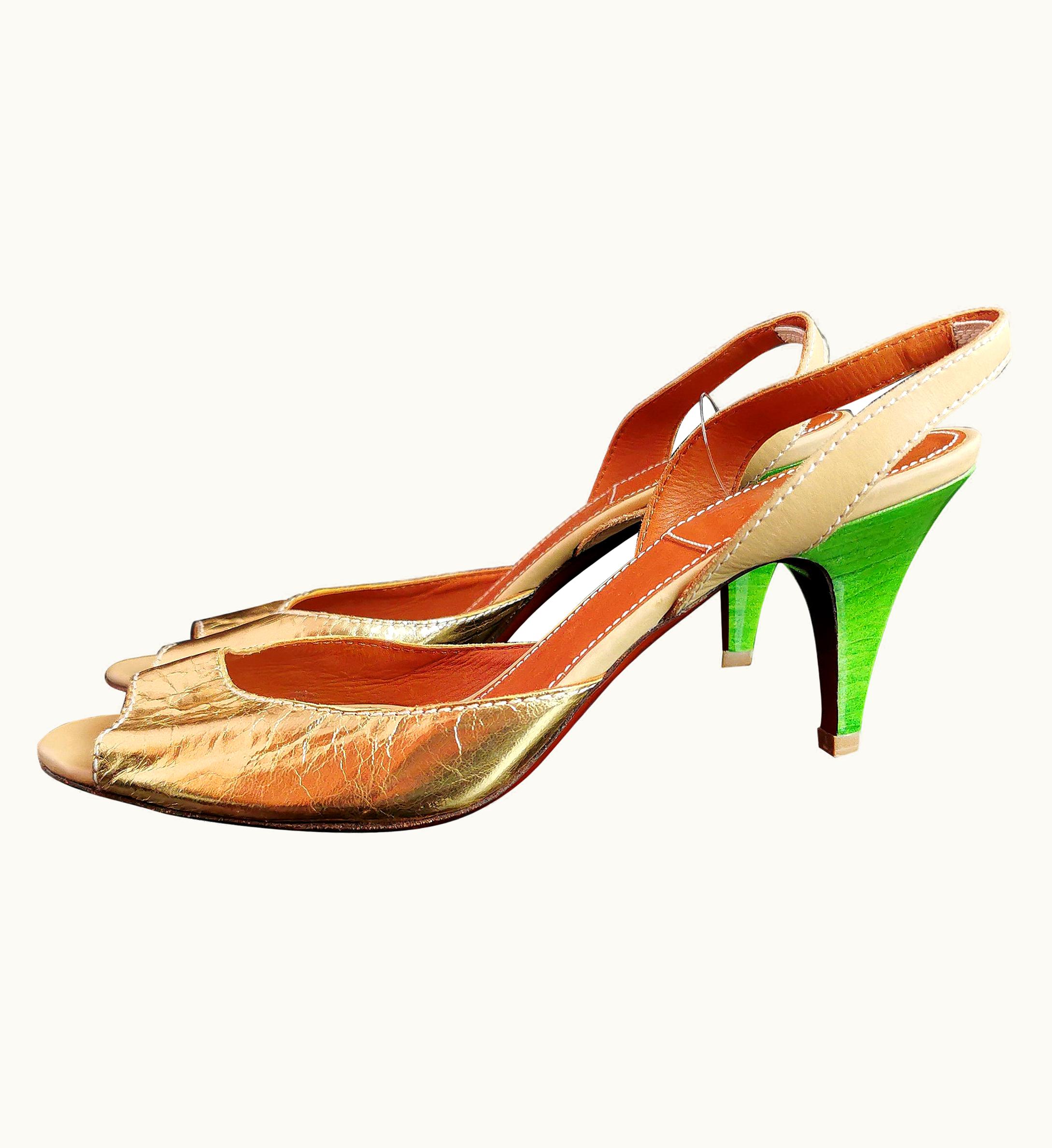 Lanvin Ete 2010 Gold Leather Slingback Heeled Sandal Shoes, Green Heeled