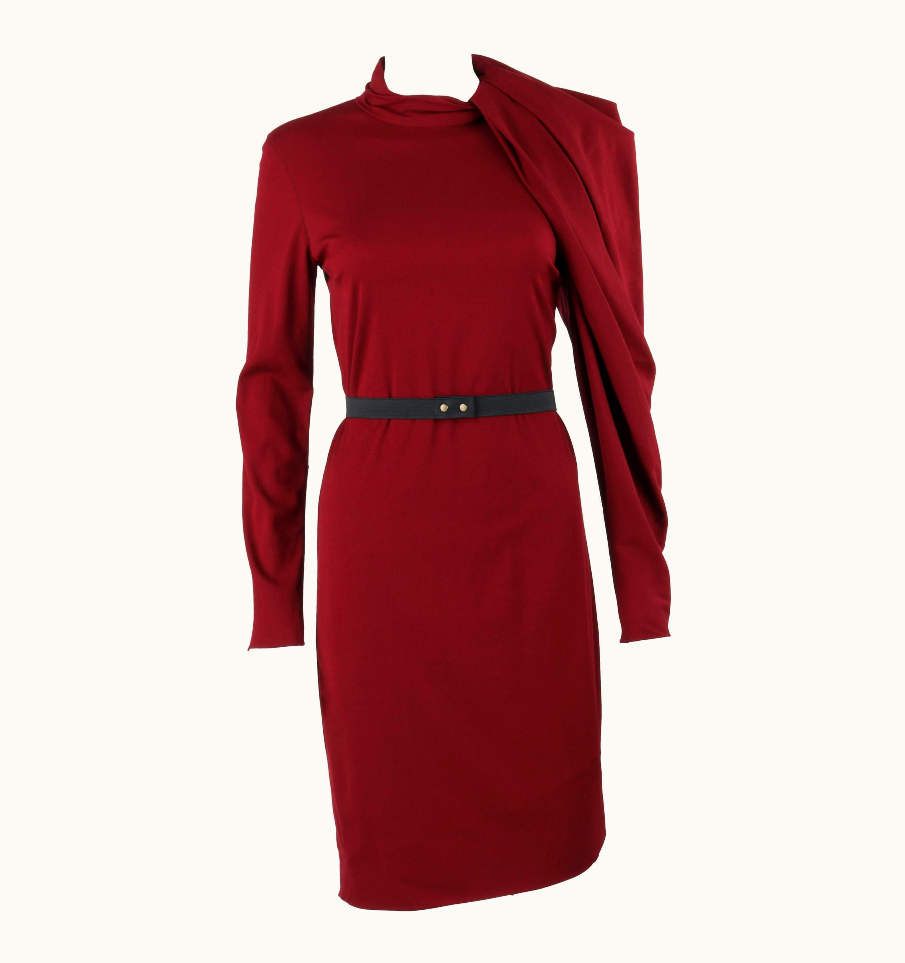 Lanvin AW 2011 Burgundy Red Wool Asymmetrical Draped Sleeve Cocktail Dress