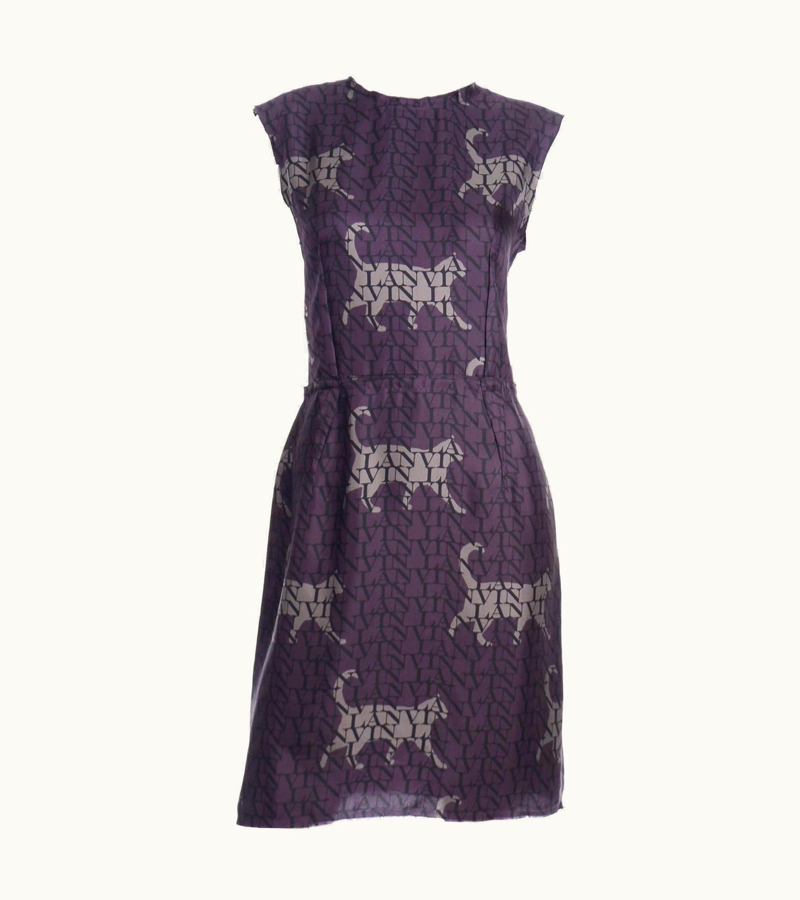 Alber Elbaz Lanvin Purple & Black 2011 Novelty Print Cat Logo Dress W Raw Edges
