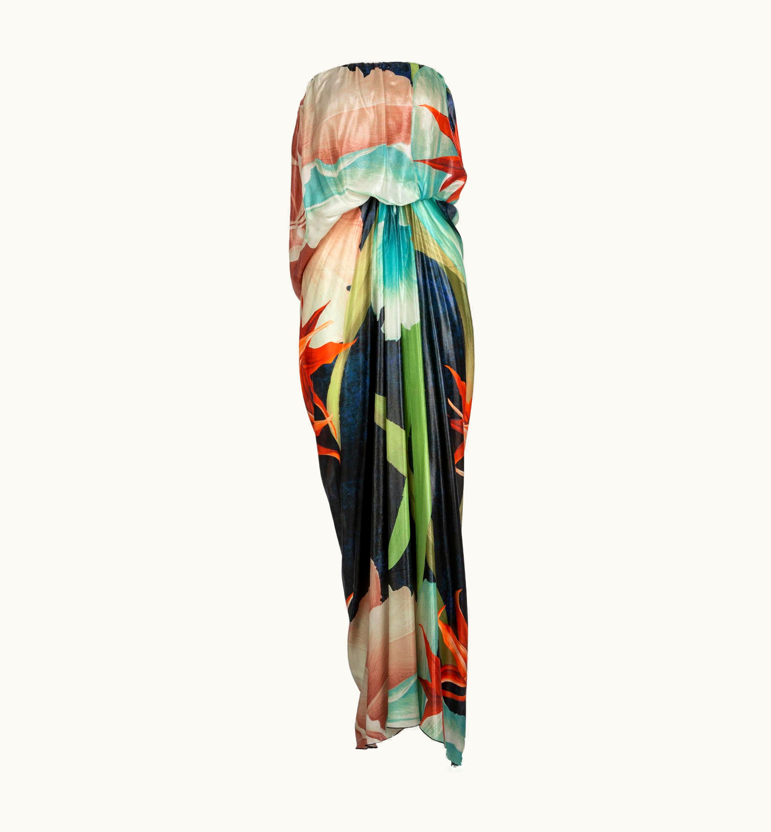 Lanvin Alber Elbaz Tropical Print Metallic Lame Strapless Draped Maxi Dress 2013