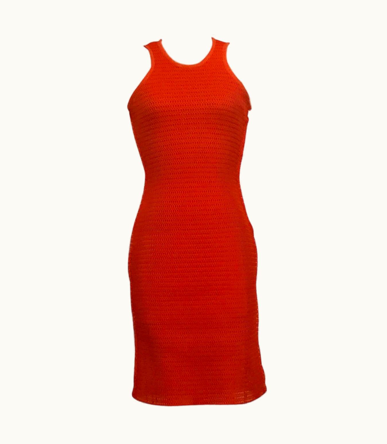 Lanvin Red Orange Knit Mesh Body Con Dress With Raw Chiffon Trim 2013