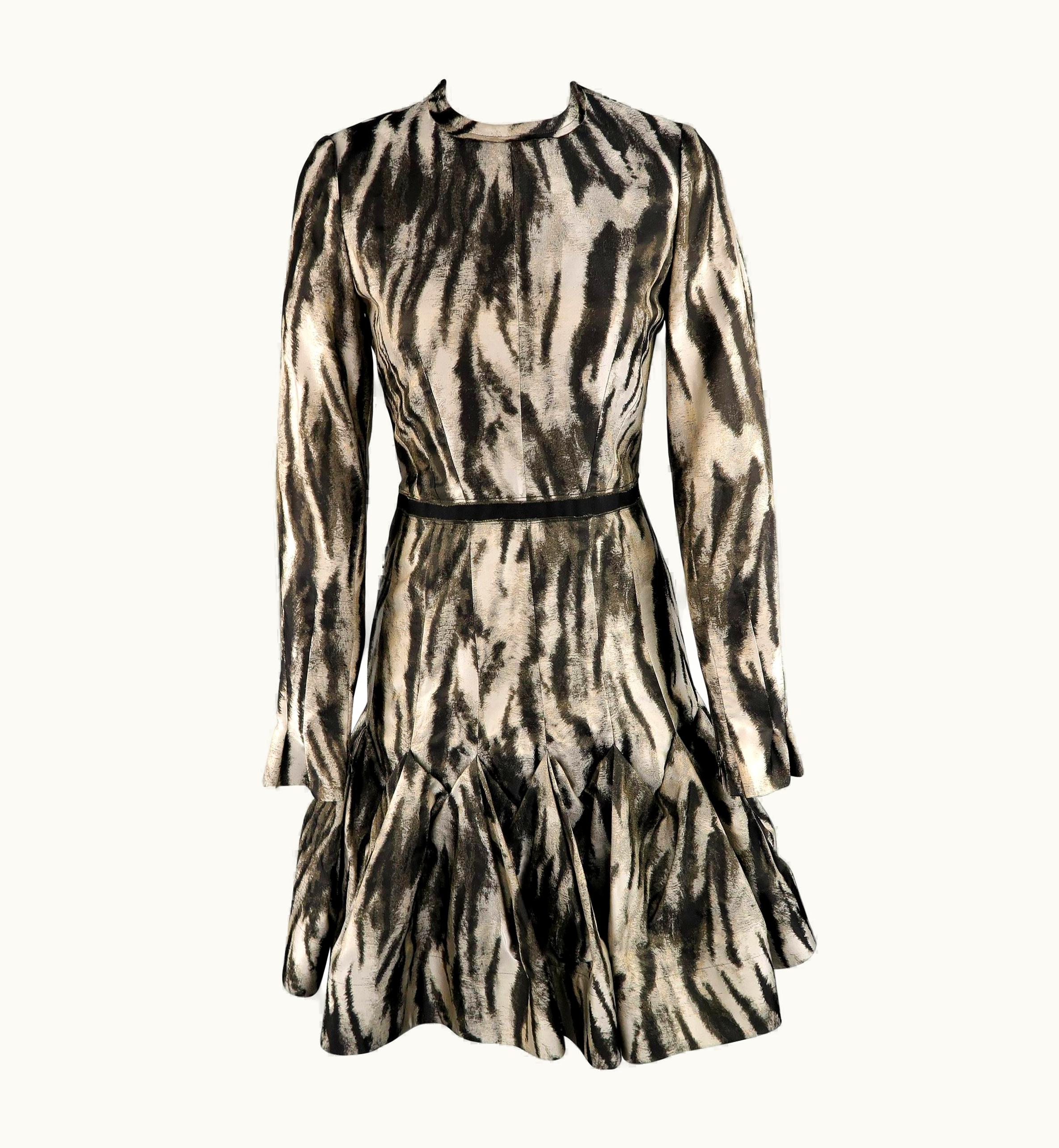 Lanvin Gray Leopard Silk Blend Ruffle Skirt Long Sleeve Cocktail Dress